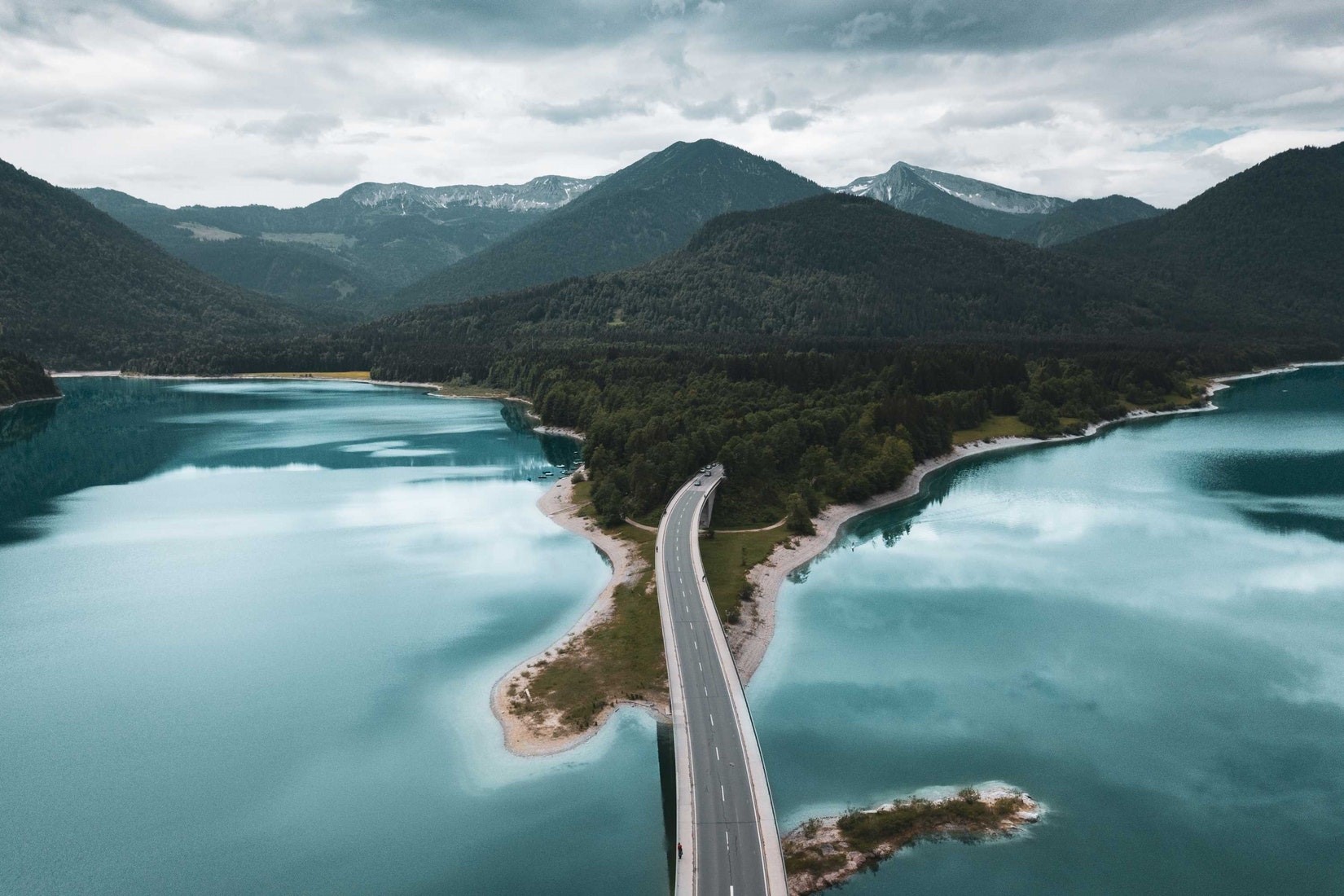 Aerial view of a road crossing a lake in Bavaria, Germany HD Wallpaper