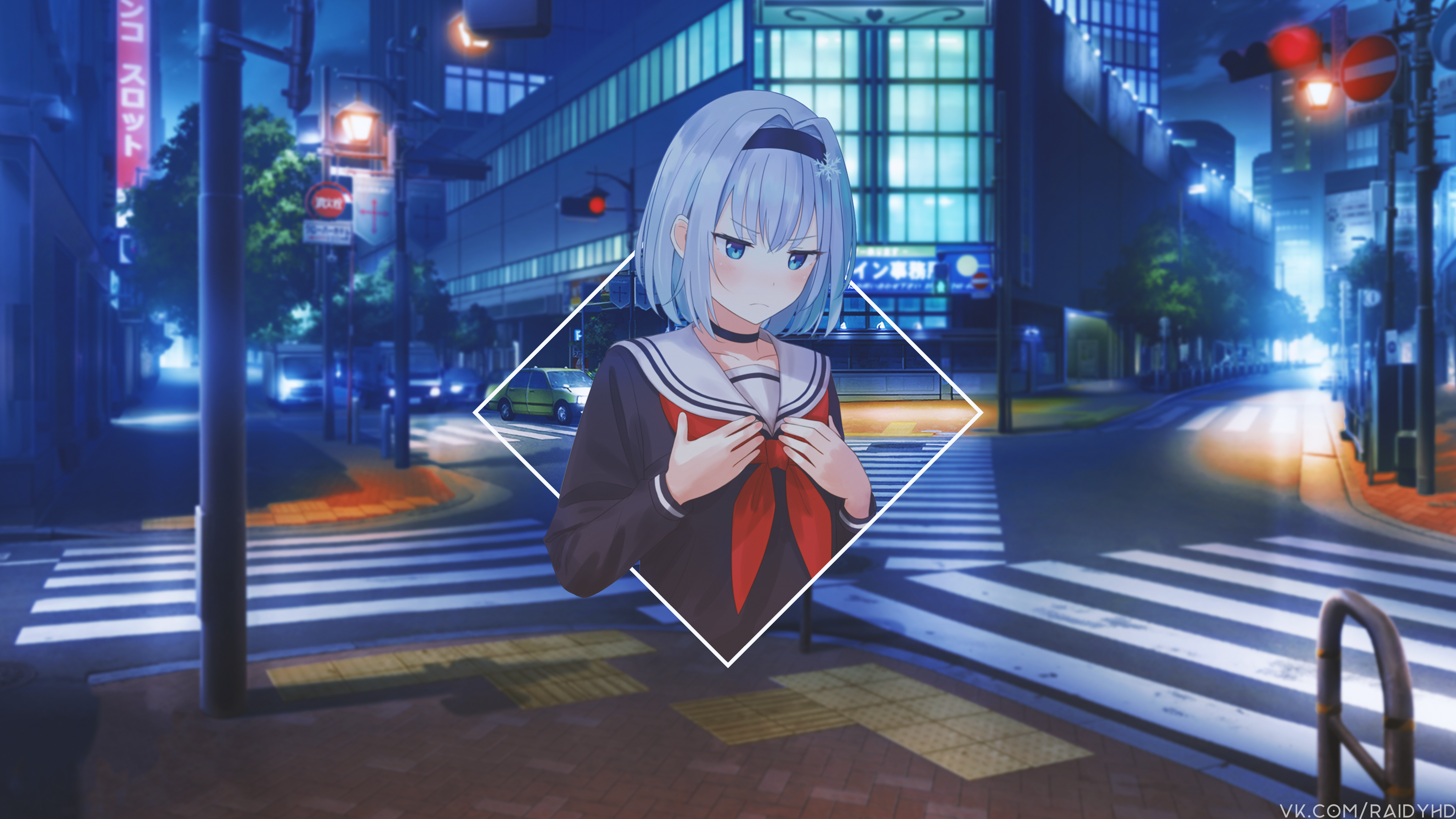 Anime girl in school uniform on a city street at night HD Wallpaper