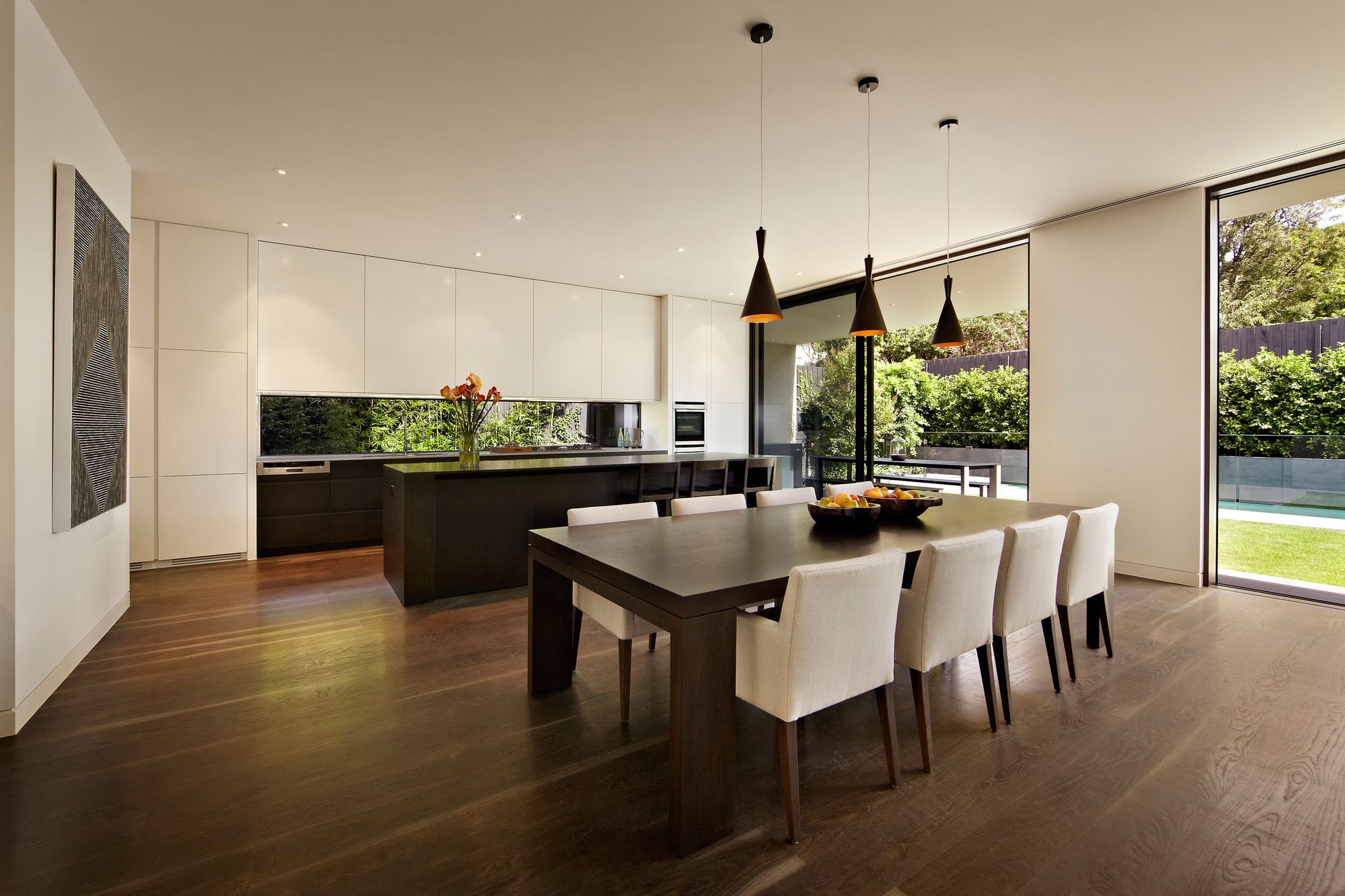 Modern luxury house interior with dining area and kitchen HD Wallpaper