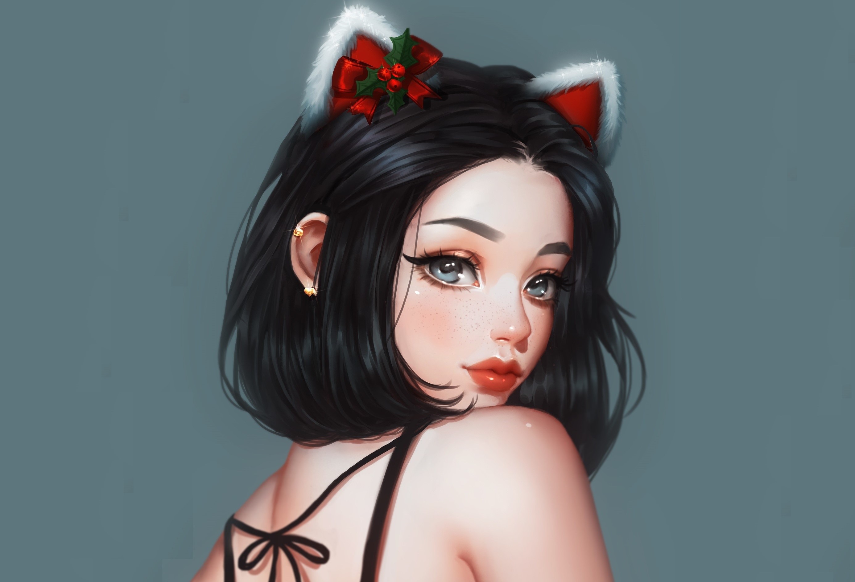Anime girl with Christmas cat ears HD Wallpaper