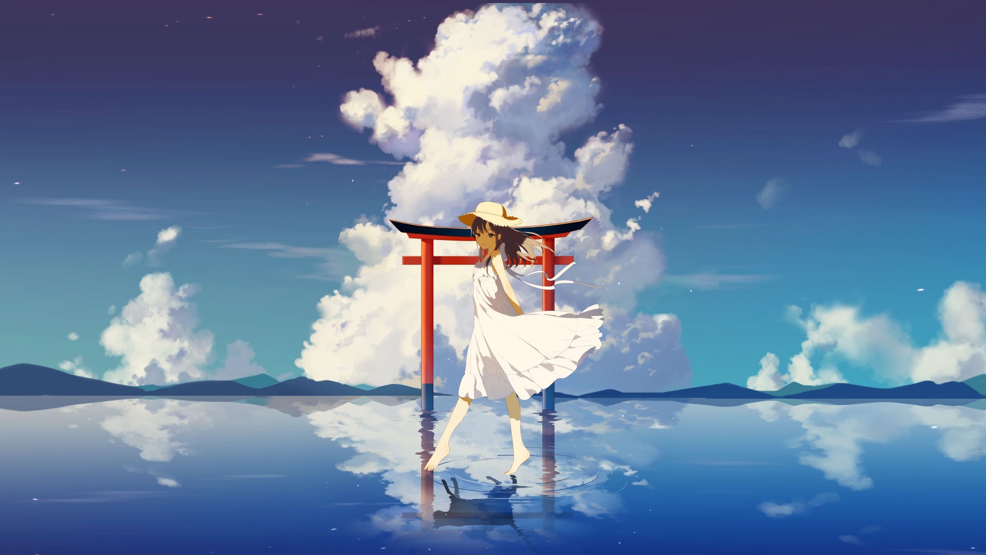 Anime girl in white dress by Torii gate reflected in water HD Wallpaper