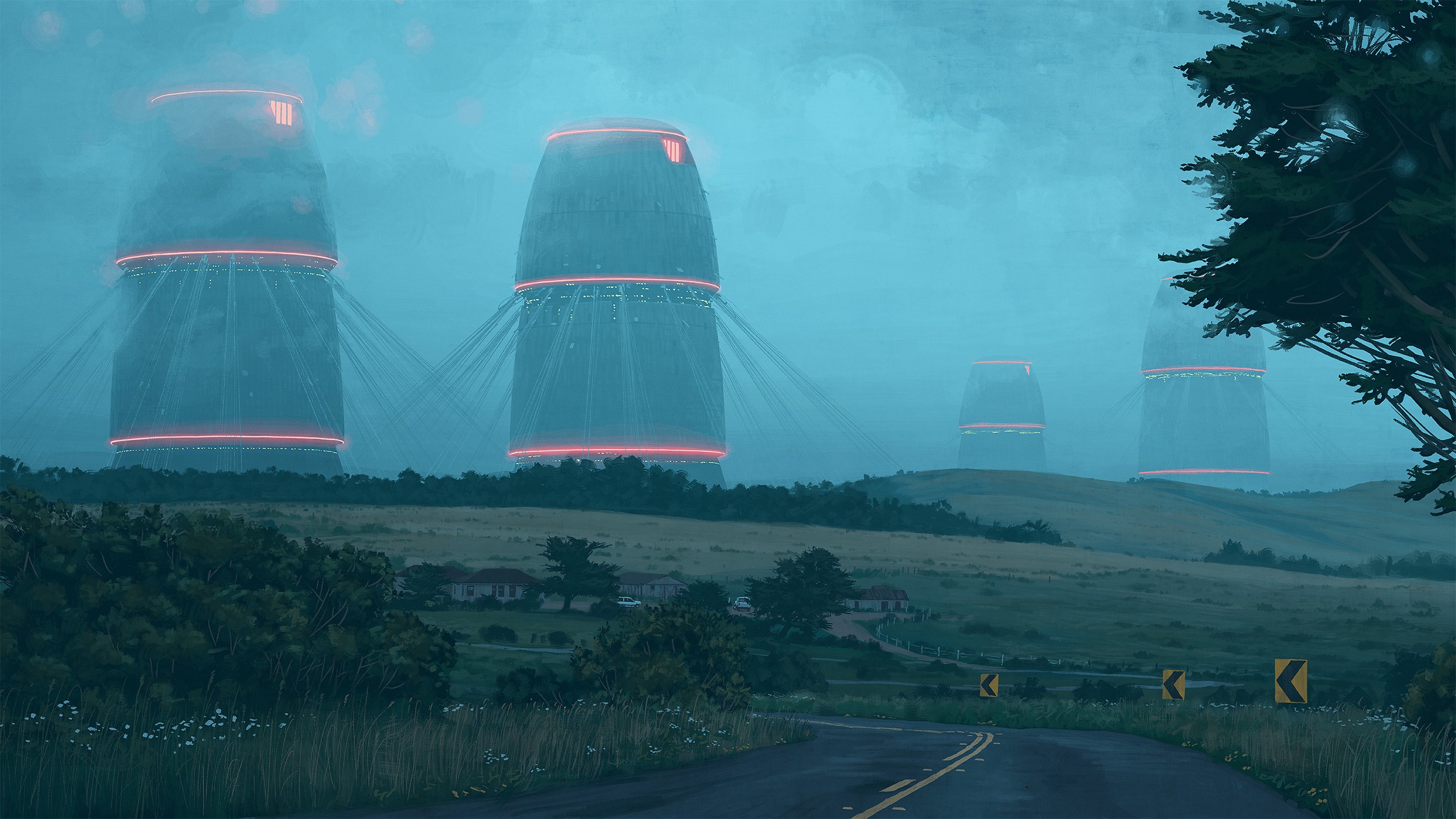 Futuristic towers in a foggy landscape HD Wallpaper