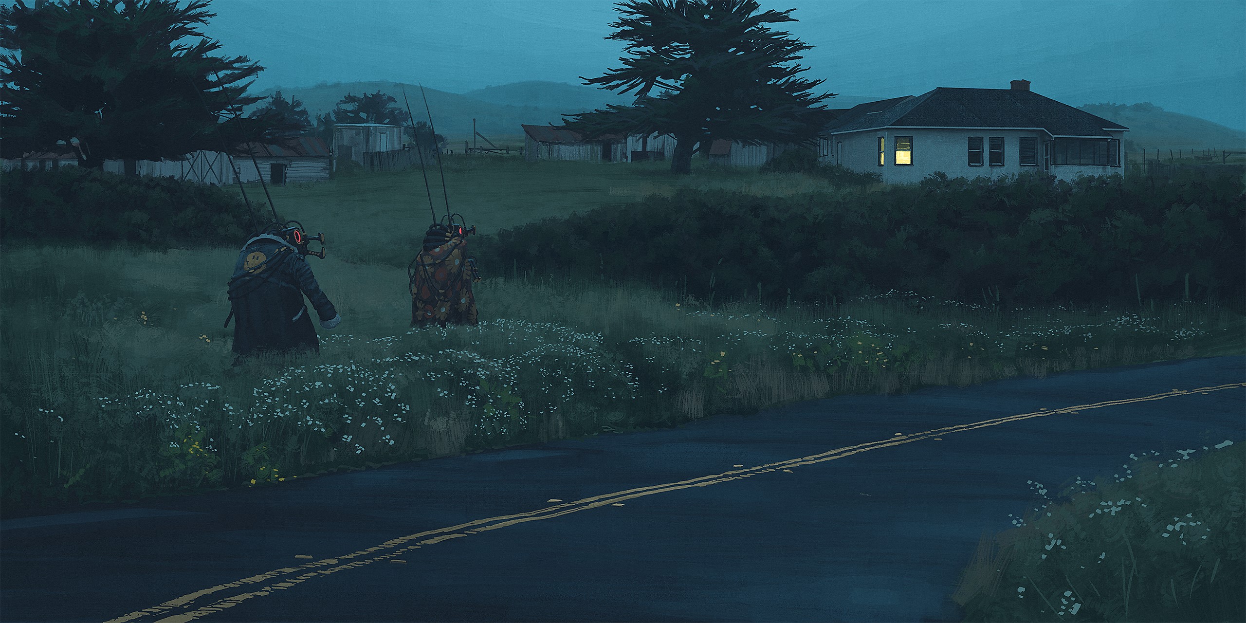Two robots walking through a field near a house HD Wallpaper