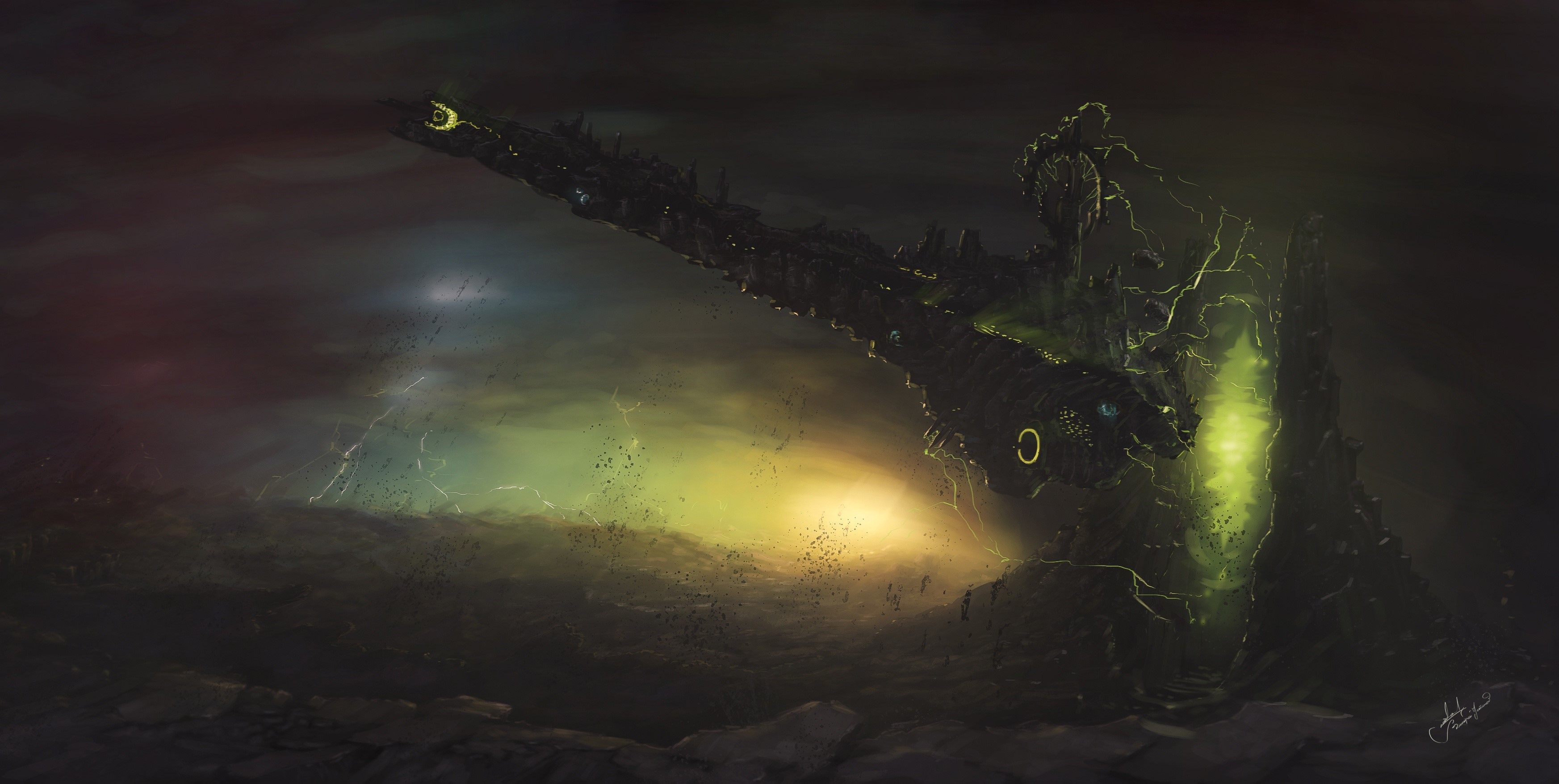 Science fiction artwork of a dark spaceship by Dmitrii Ustinov HD Wallpaper