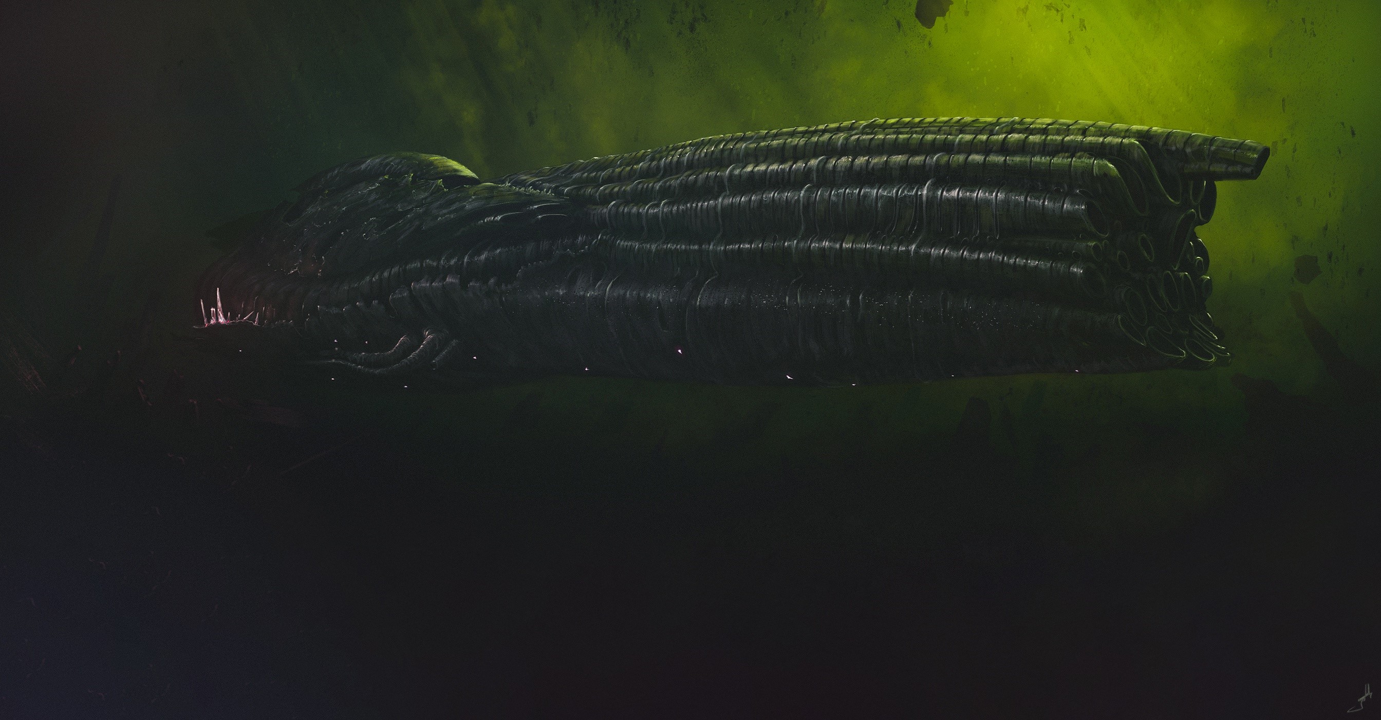 Artwork of a dark spaceship by Dmitrii Ustinov HD Wallpaper