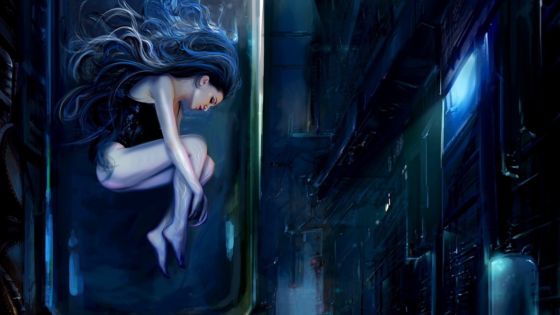 Woman in a futuristic tank with blue lighting HD Wallpaper