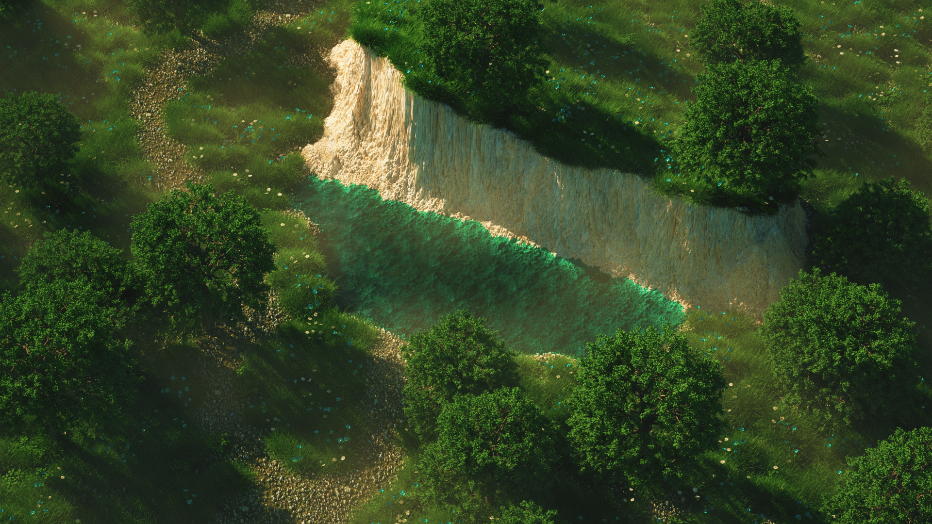 3D abstract landscape with a cliff and water HD Wallpaper