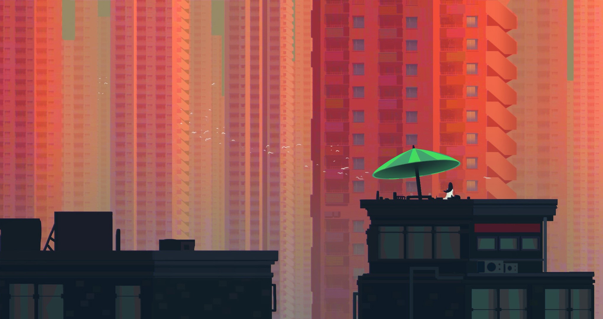 Cityscape with a person under an umbrella HD Wallpaper