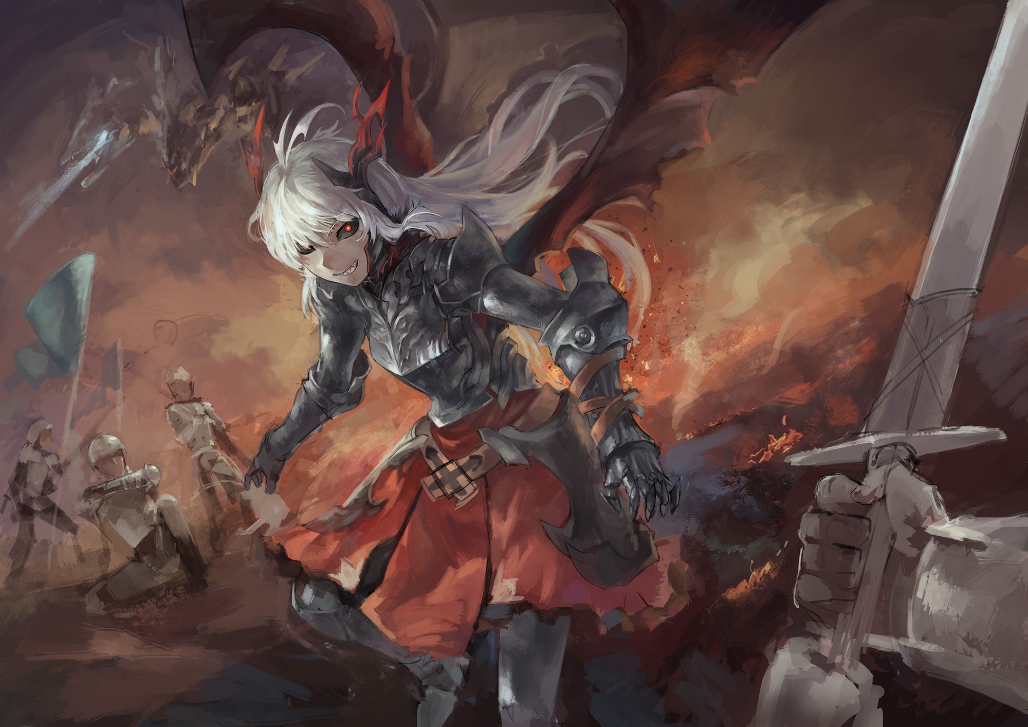 Anime girl in armor with dragon and knights HD Wallpaper