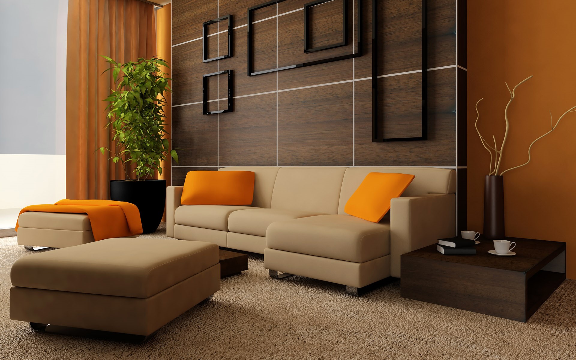 Modern living room with sectional couch and orange accents HD Wallpaper