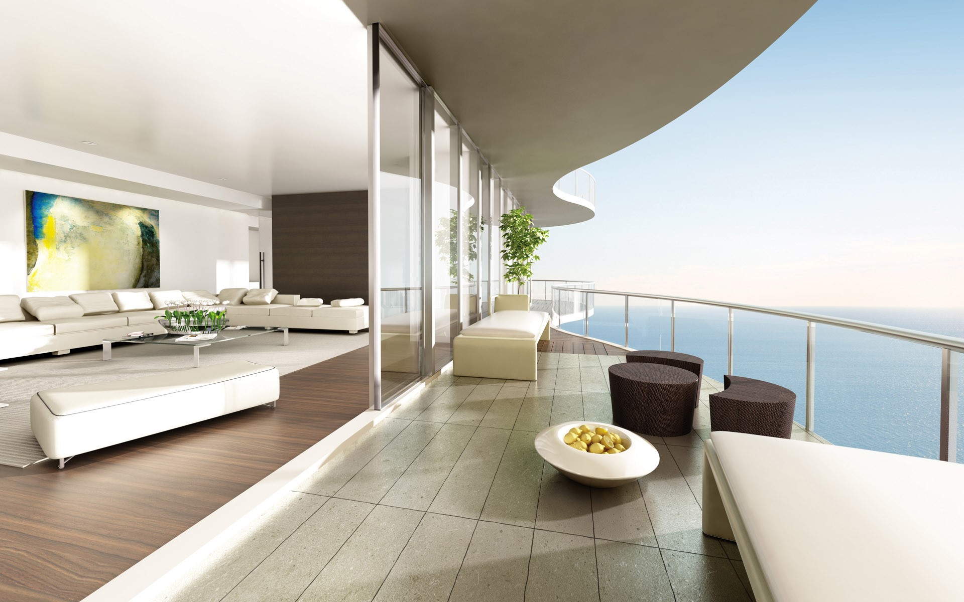 Modern living room and balcony with ocean view HD Wallpaper