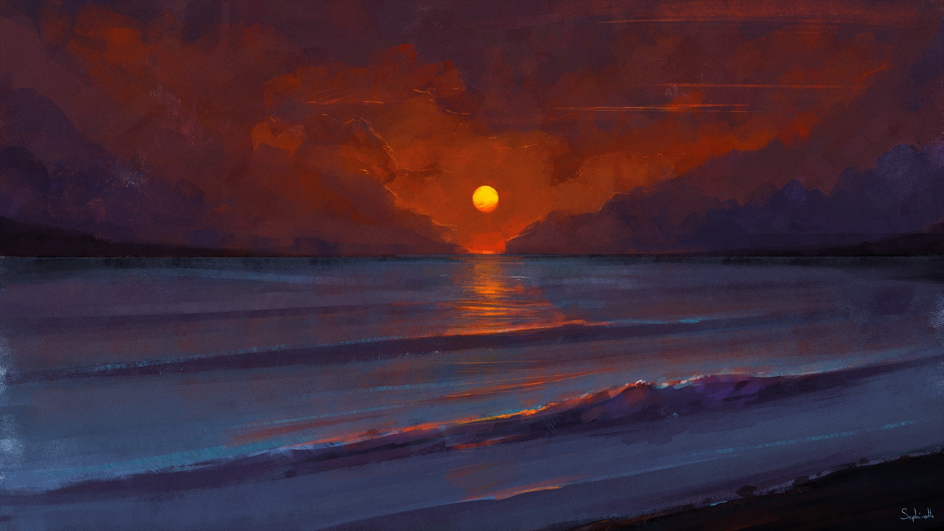 Sephiroth painting of a sunset over the sea HD Wallpaper