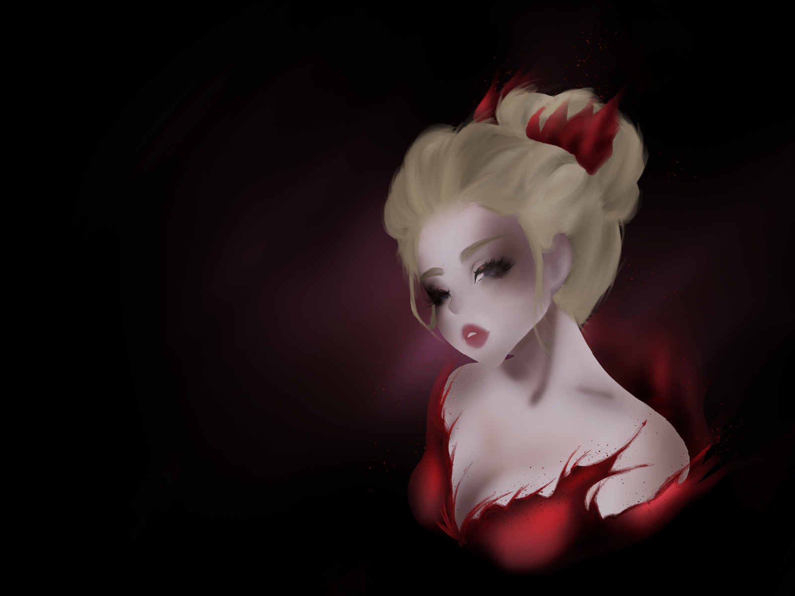 Anime girl with blonde hair and red accents HD Wallpaper