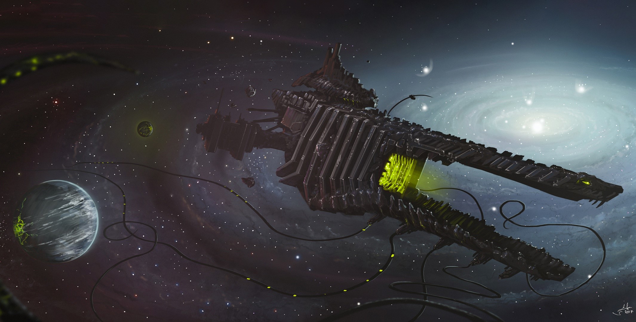 Alien spaceship near planets and galaxy HD Wallpaper