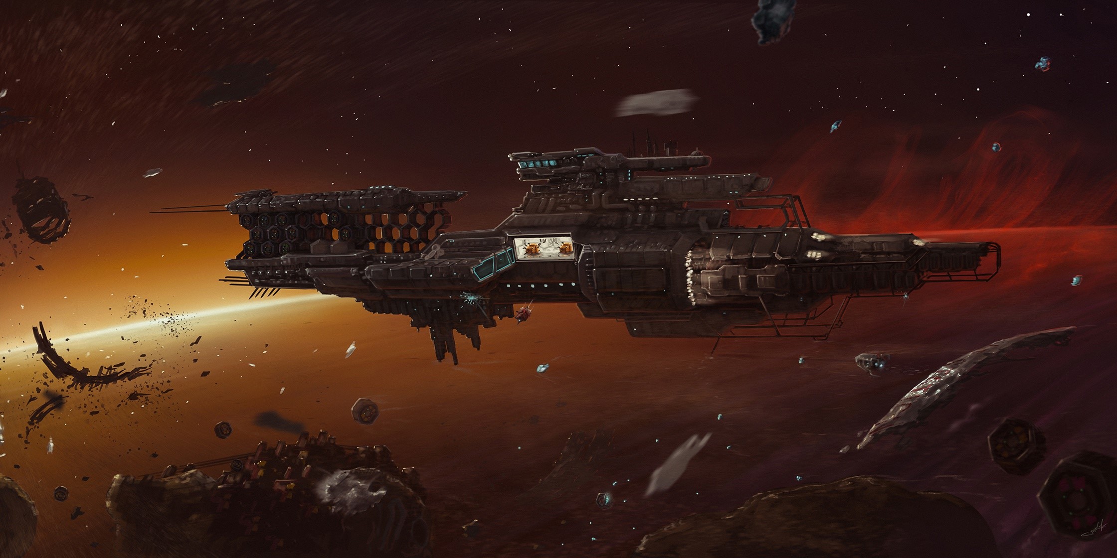 Spaceship in a debris field with nebula background HD Wallpaper