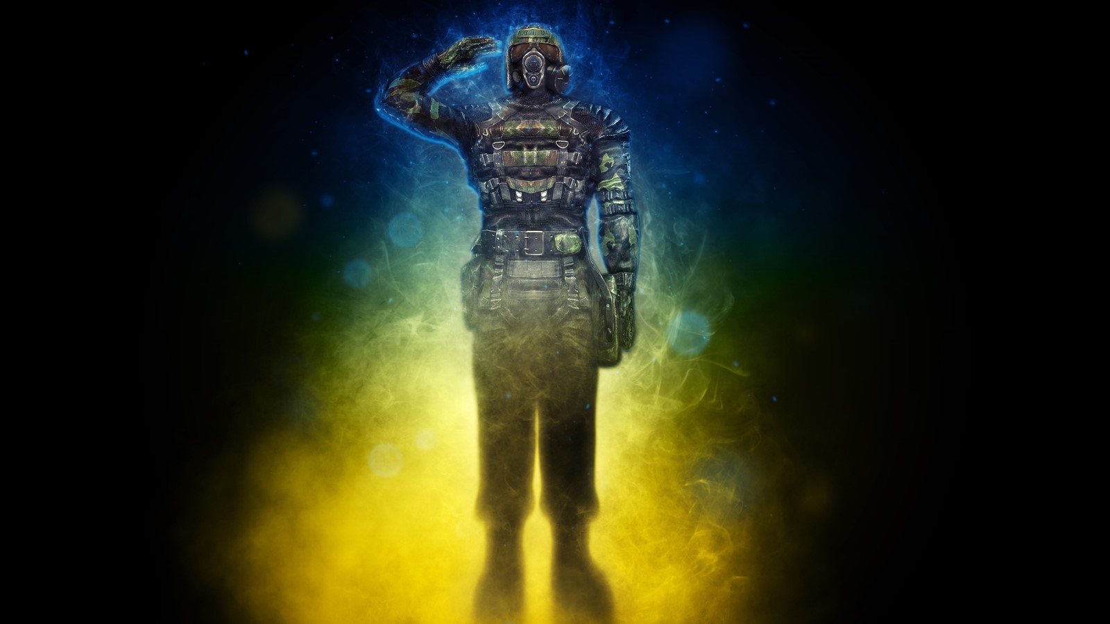S.T.A.L.K.E.R. soldier saluting with blue and yellow energy HD Wallpaper