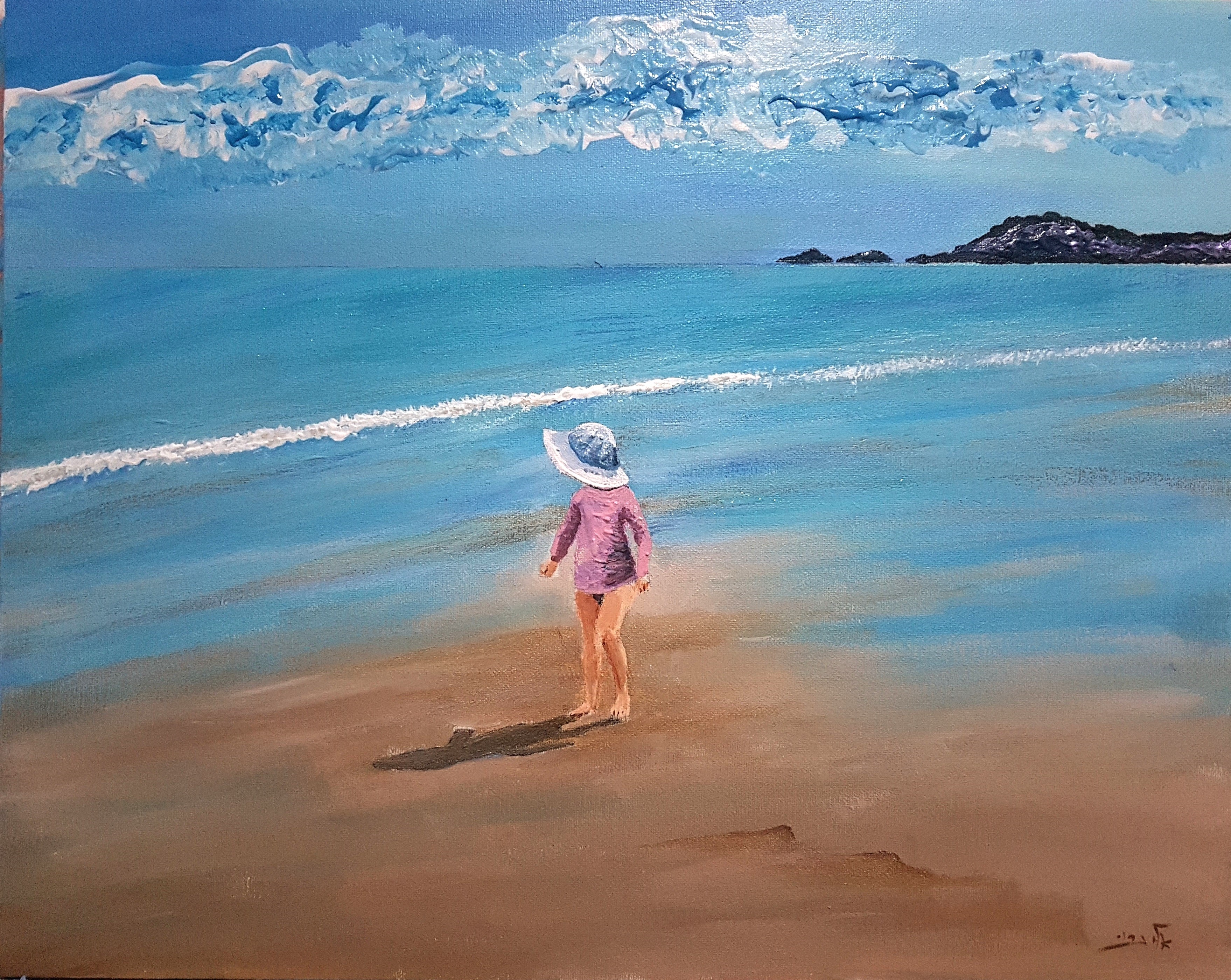 Painting of a child on a beach HD Wallpaper