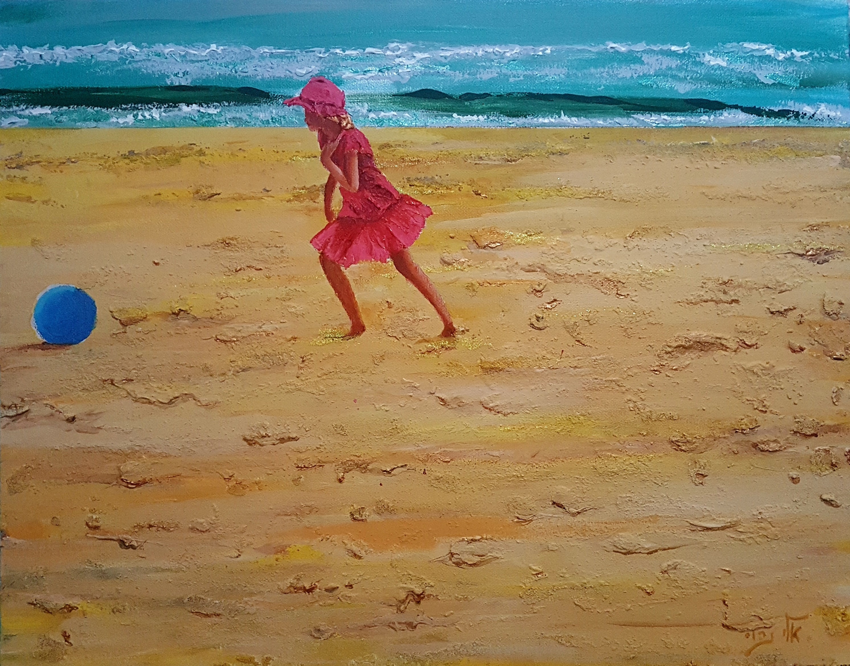 Girl in pink dress playing with blue ball on beach HD Wallpaper