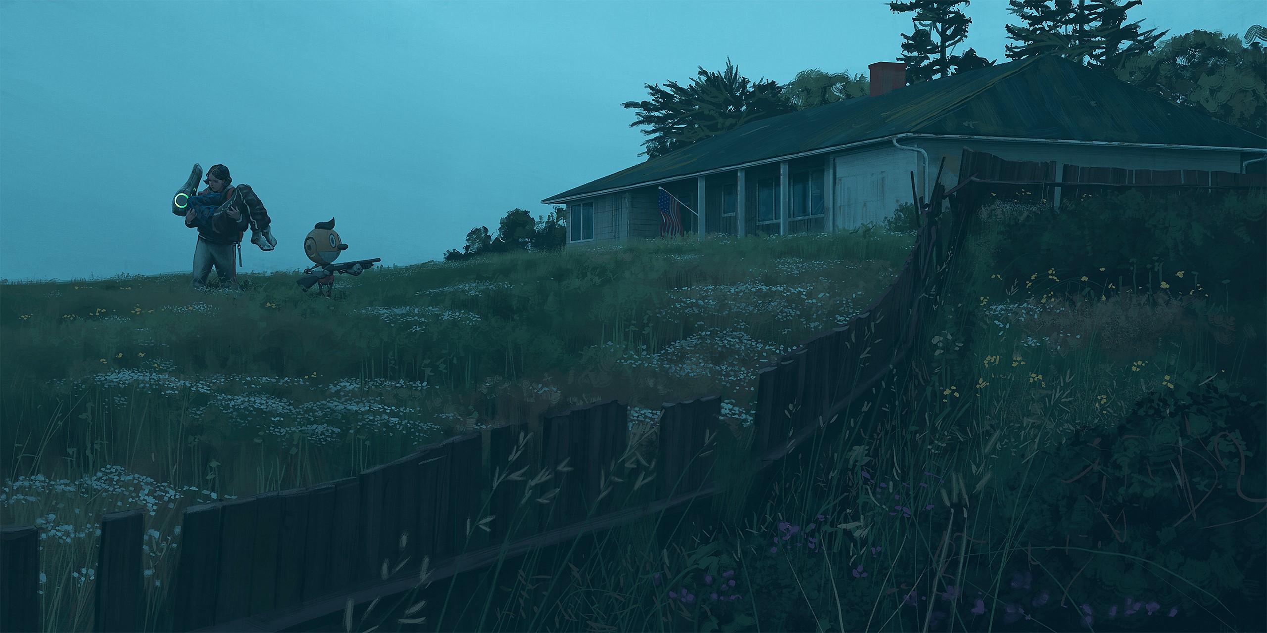 Man and robot in a field near a house HD Wallpaper