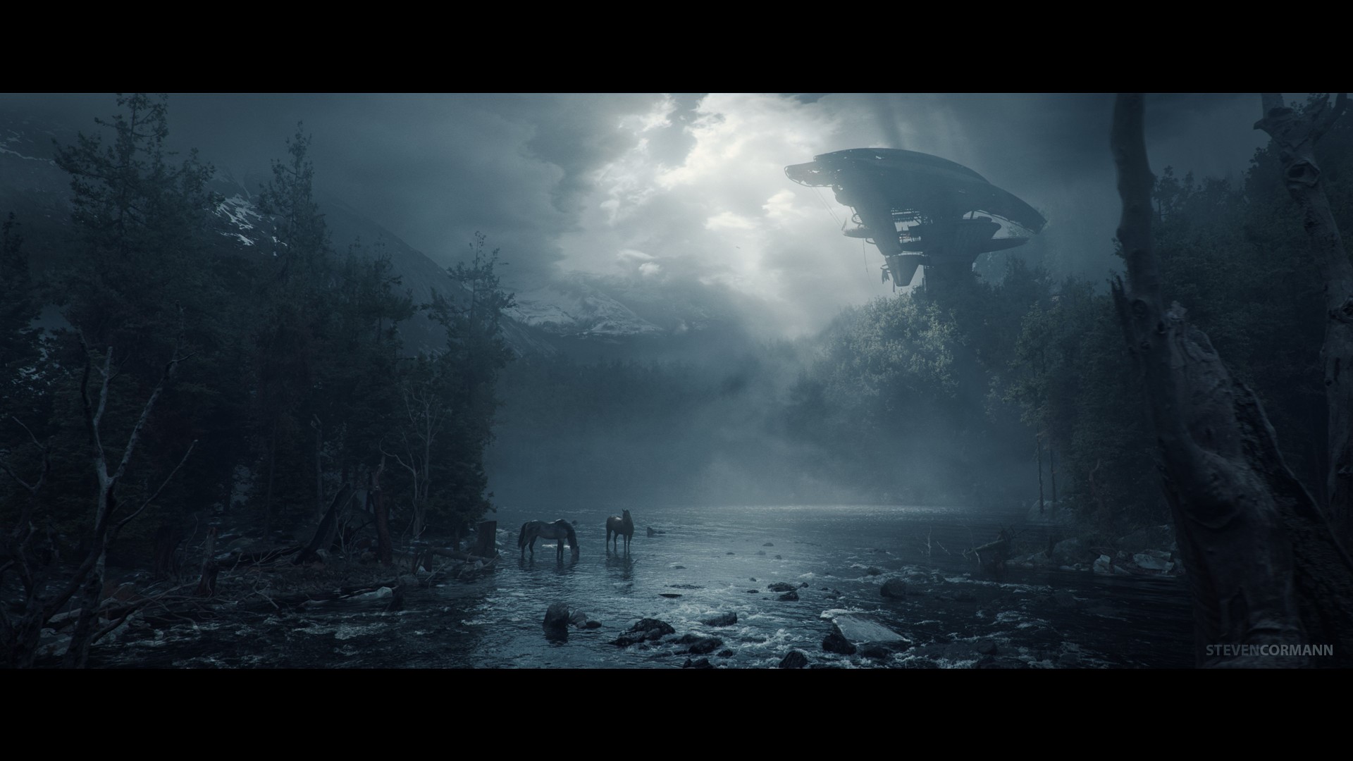 Horses in a river with a spaceship overhead HD Wallpaper