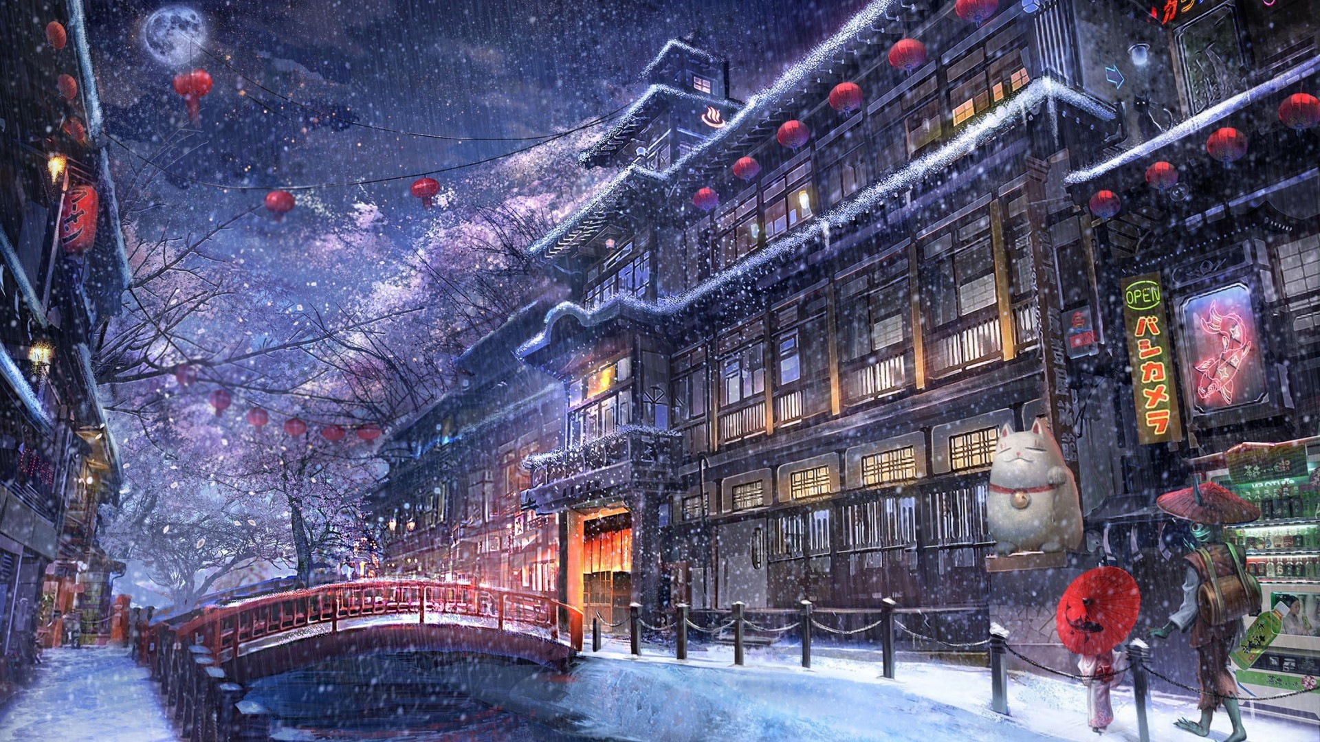 Anime street scene at night with snow and lanterns HD Wallpaper