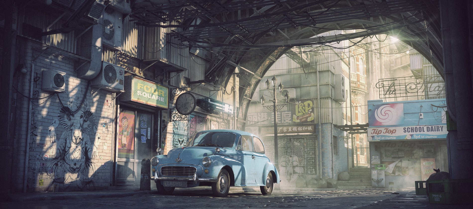 Retro car parked in a gritty urban alleyway HD Wallpaper