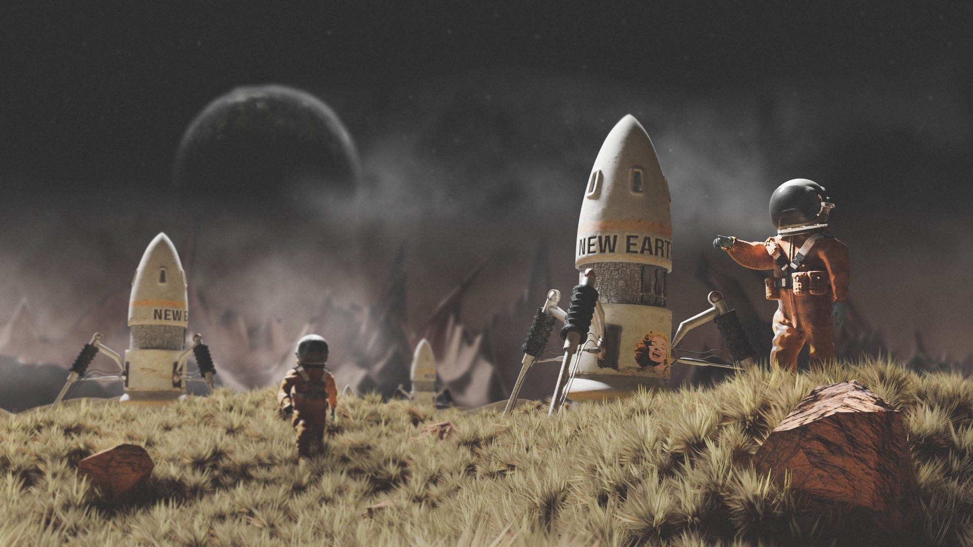 Astronauts on an alien planet with rockets HD Wallpaper