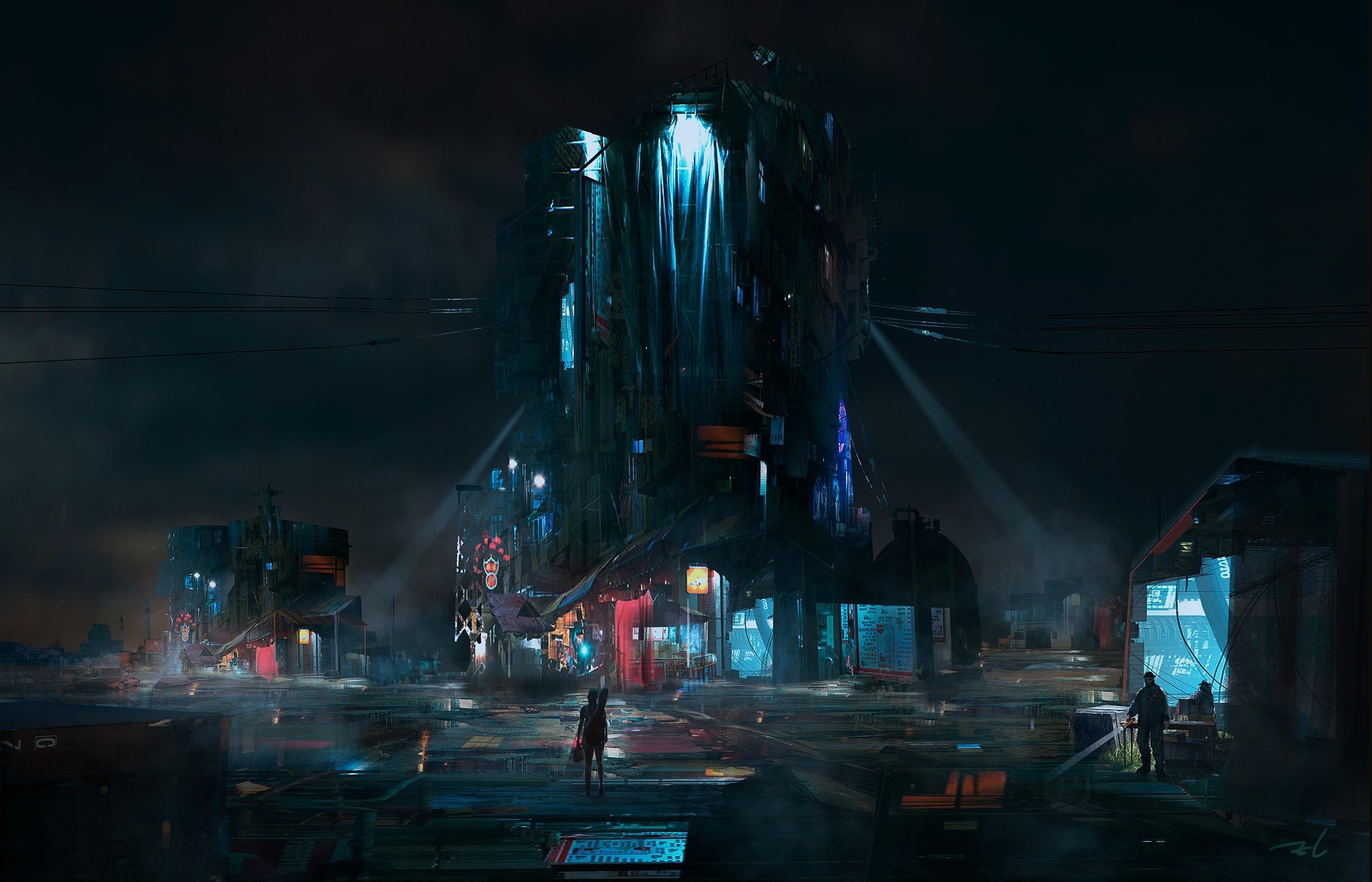 Futuristic dystopian city with towering structures at night HD Wallpaper