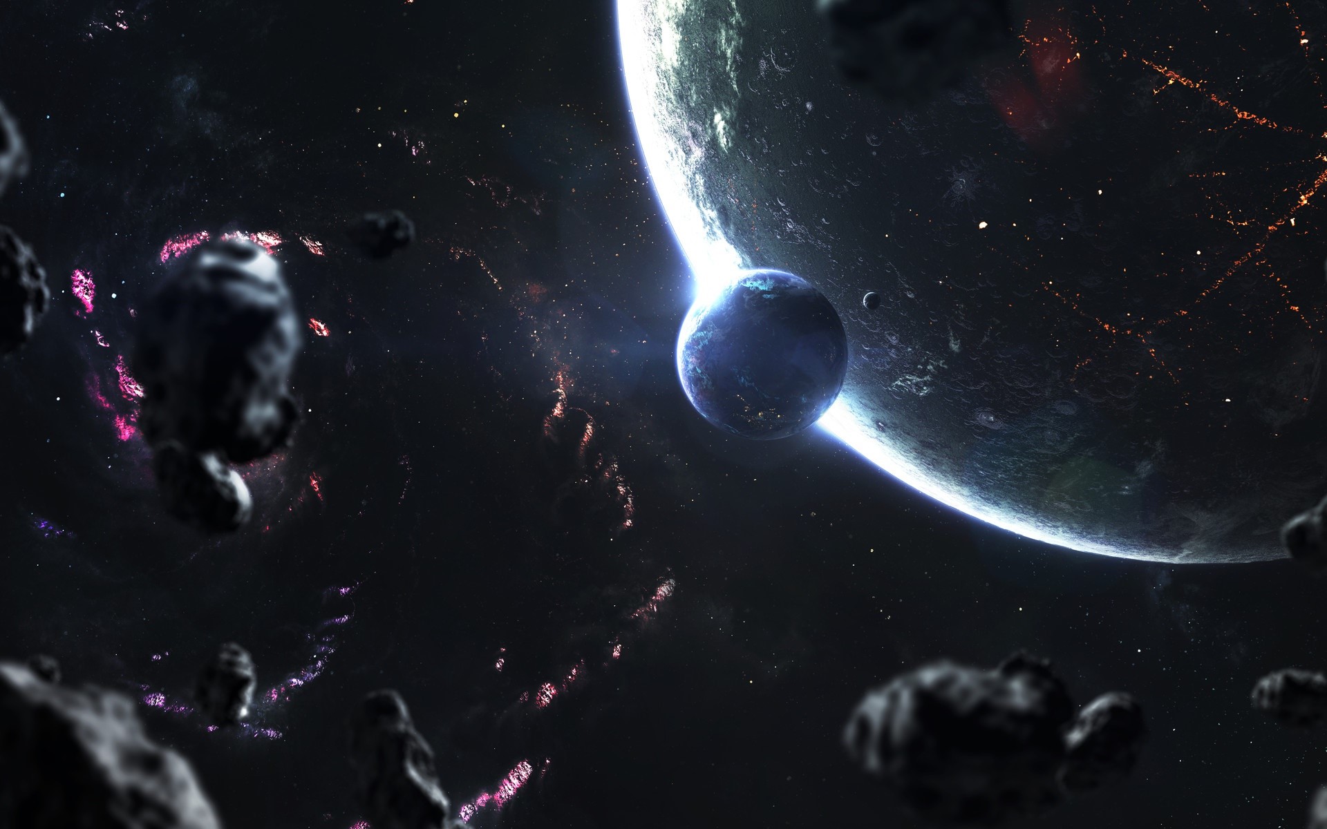 Space art by Vadim Sadovski with planets and asteroids HD Wallpaper