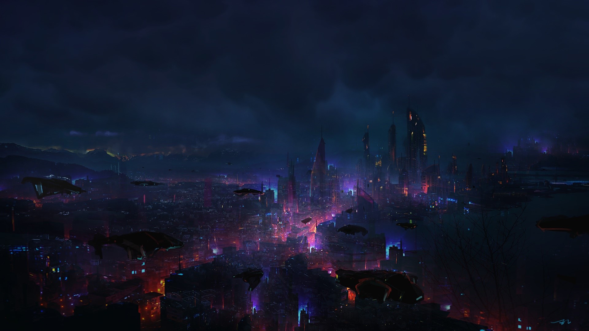 Futuristic city at night with flying vehicles HD Wallpaper
