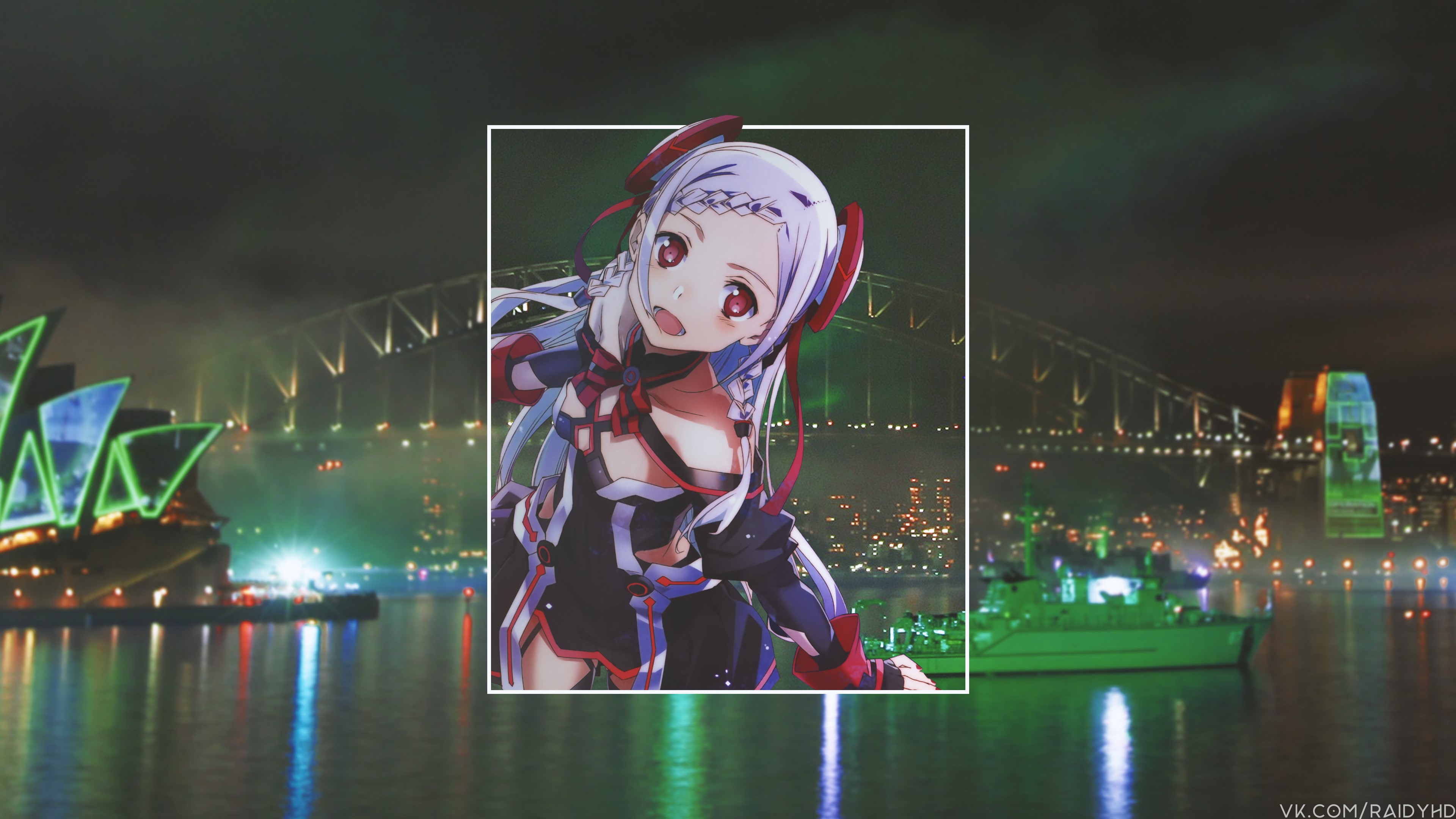 Anime girl with red eyes in front of Sydney Opera House and Harbour Bridge HD Wallpaper