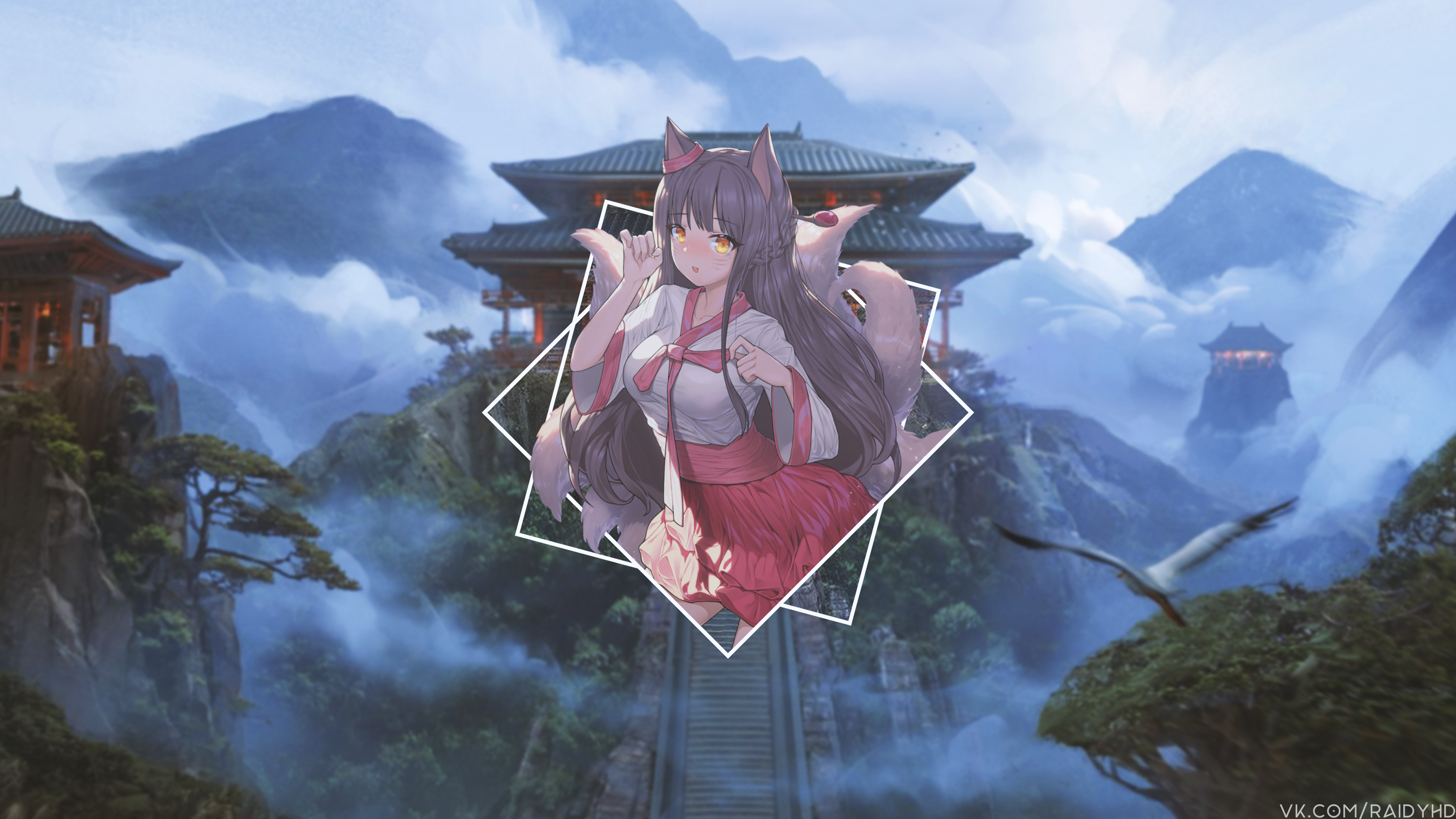 Anime girl with fox ears and tails in traditional Japanese attire HD Wallpaper