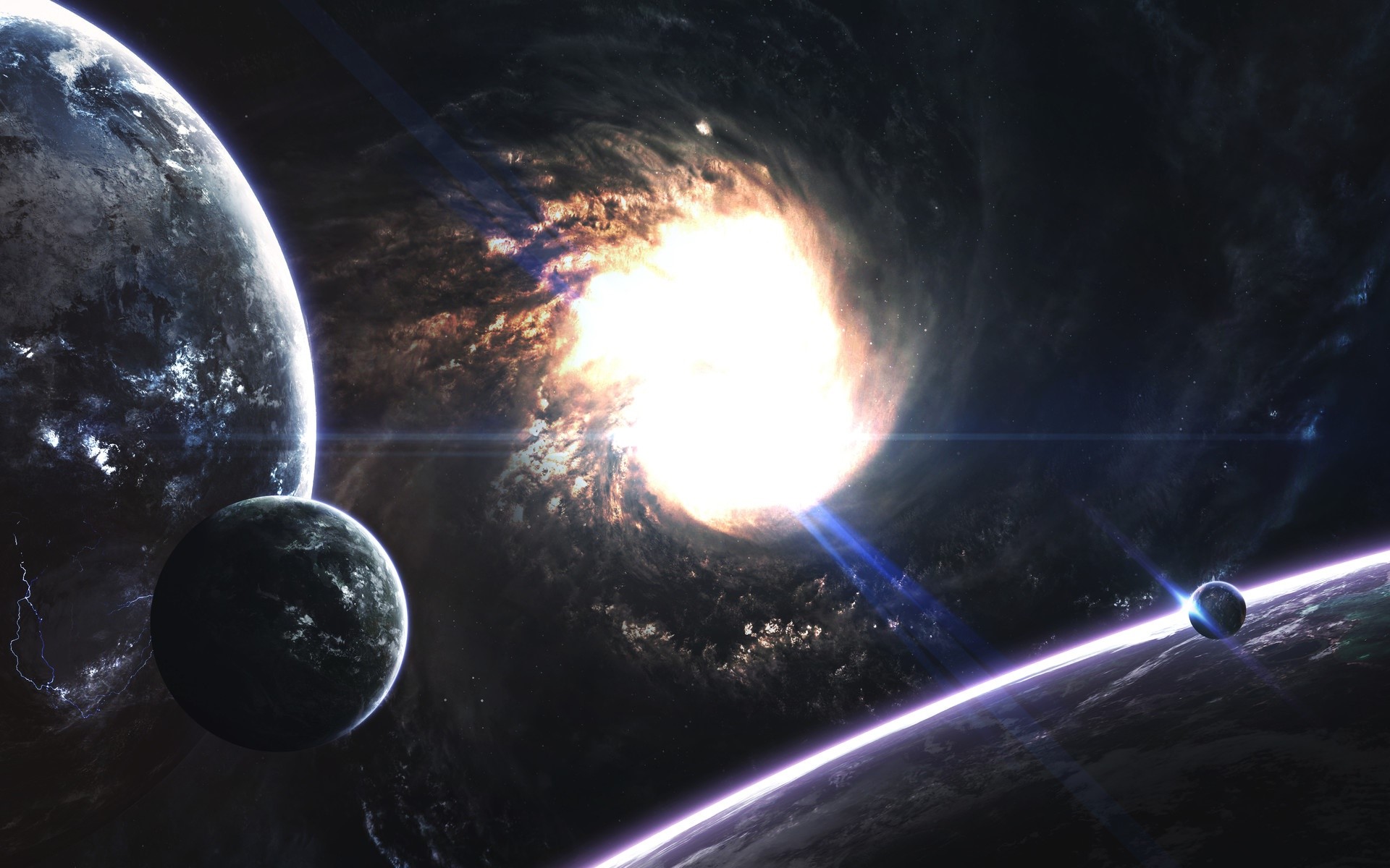 Planets and a bright nebula in space art HD Wallpaper
