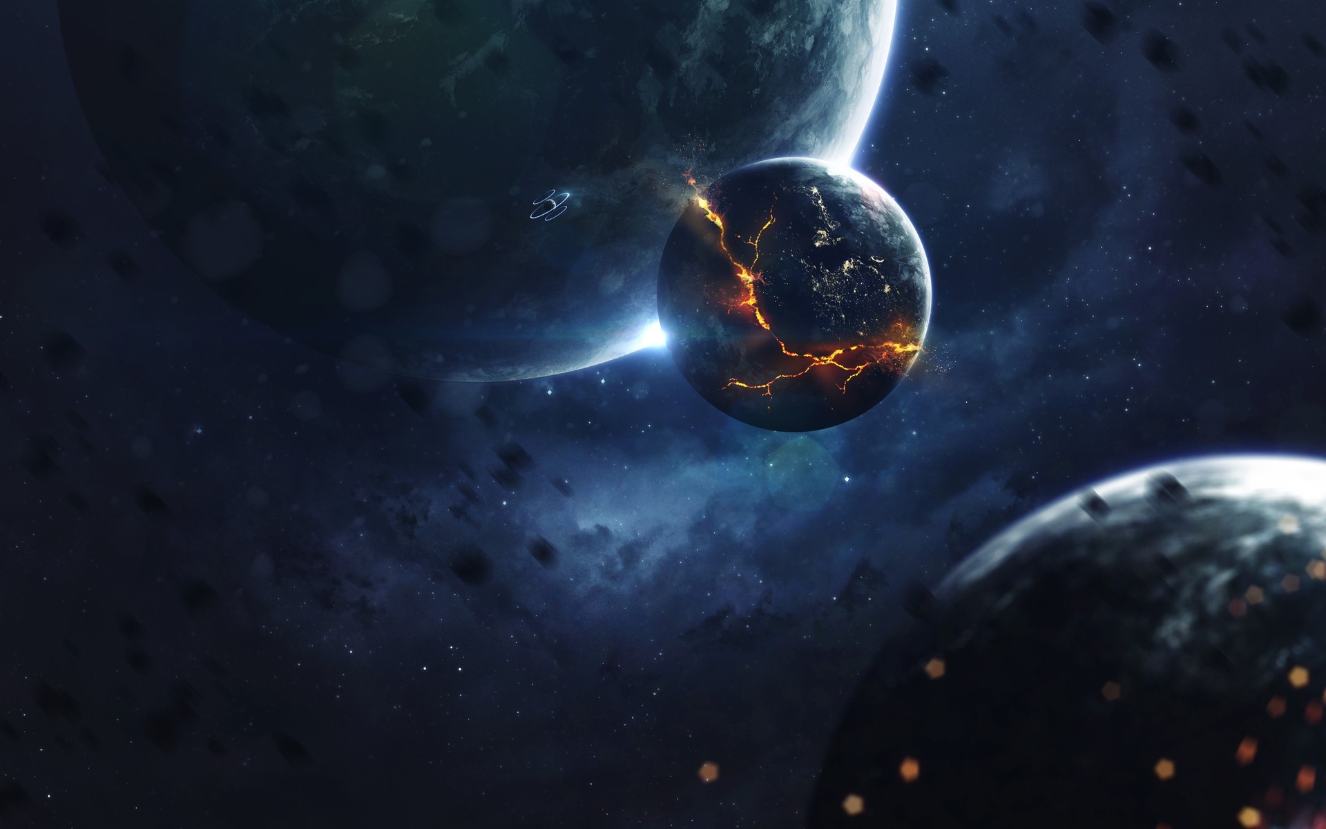 Planets in space with a cracked, glowing planet HD Wallpaper