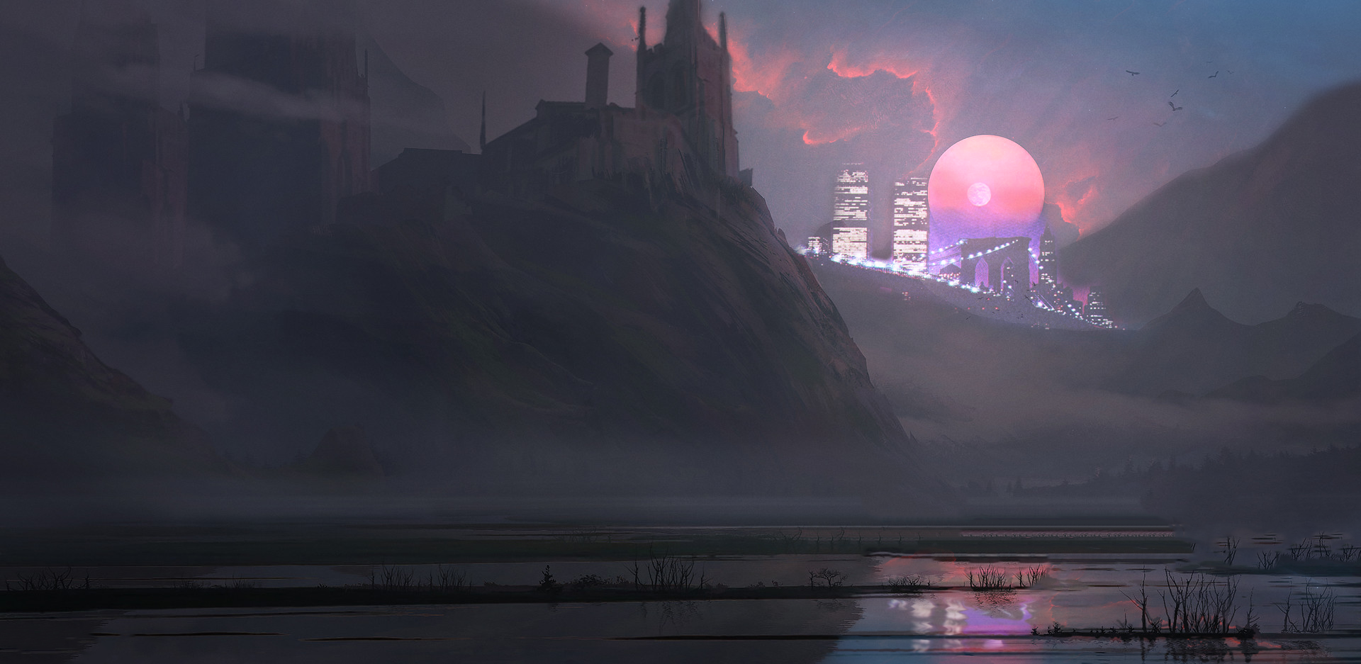 Fantasy castle on a hill overlooking a futuristic city at sunset HD Wallpaper