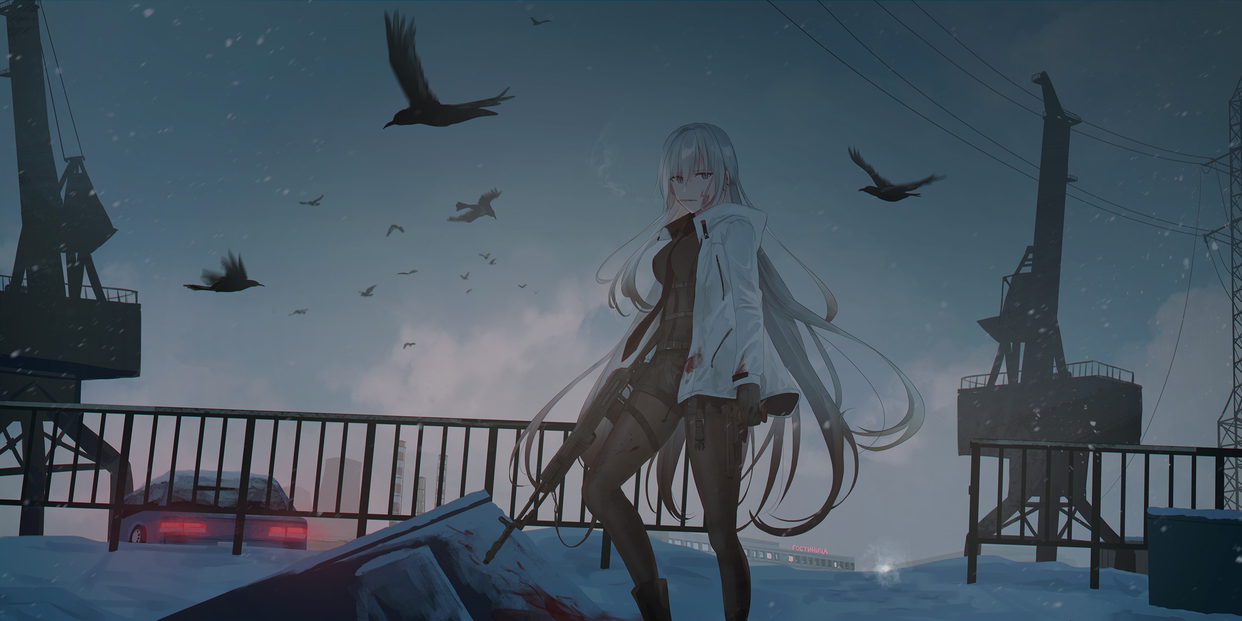 Anime girl with rifle in snowy industrial area HD Wallpaper