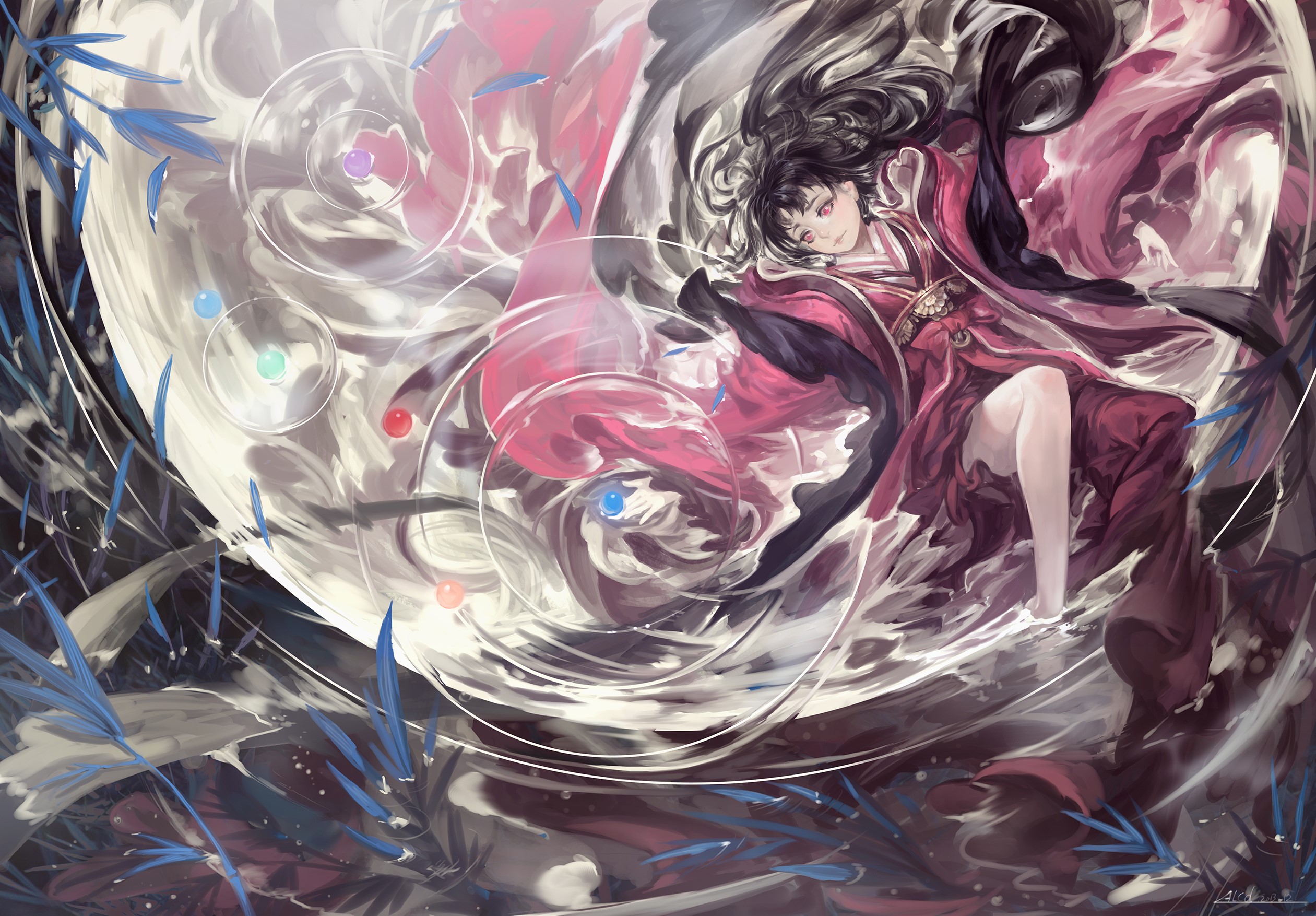 Anime girl with dark hair and red eyes in a red kimono HD Wallpaper