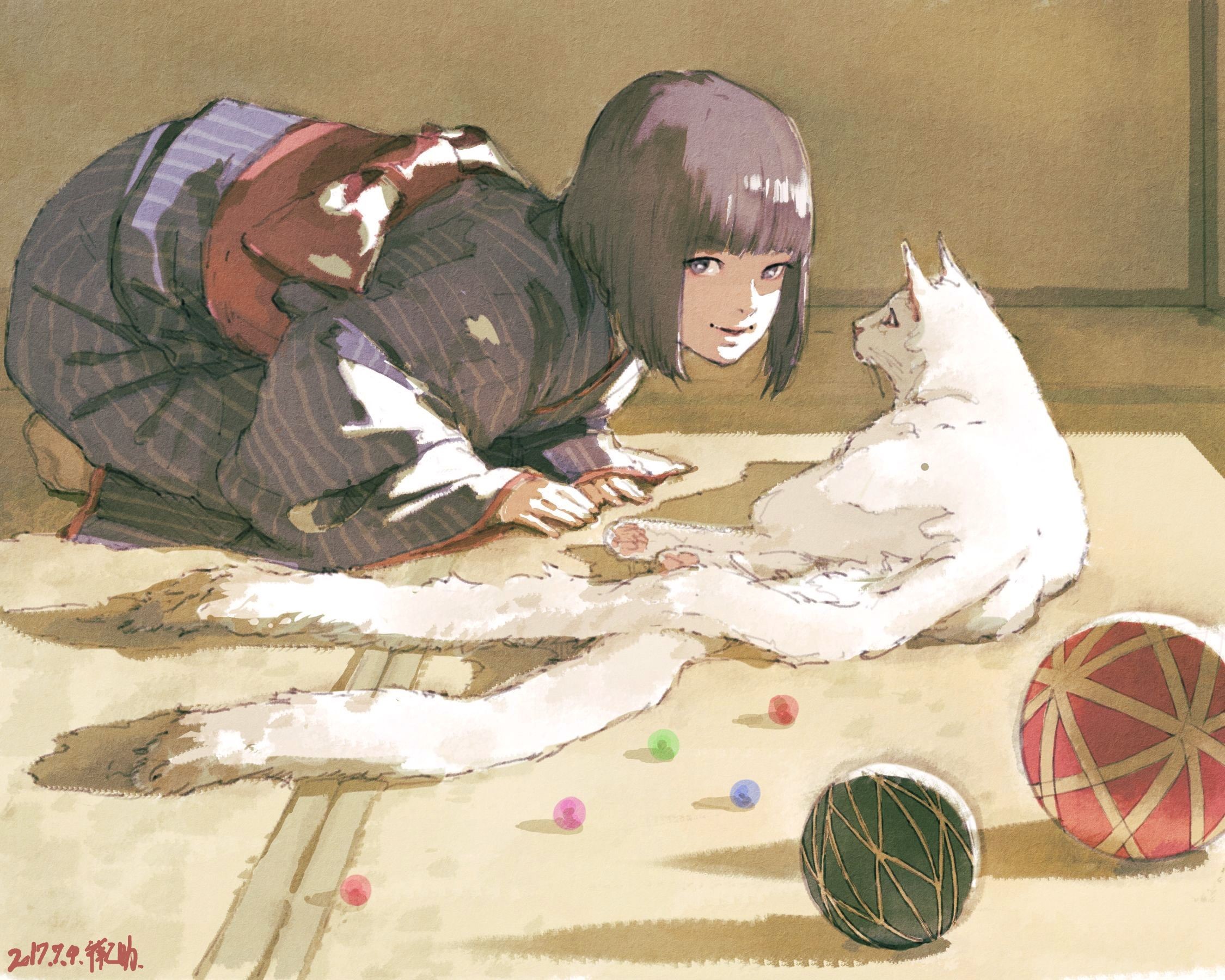 Girl in Kimono with Cat and Balls HD Wallpaper