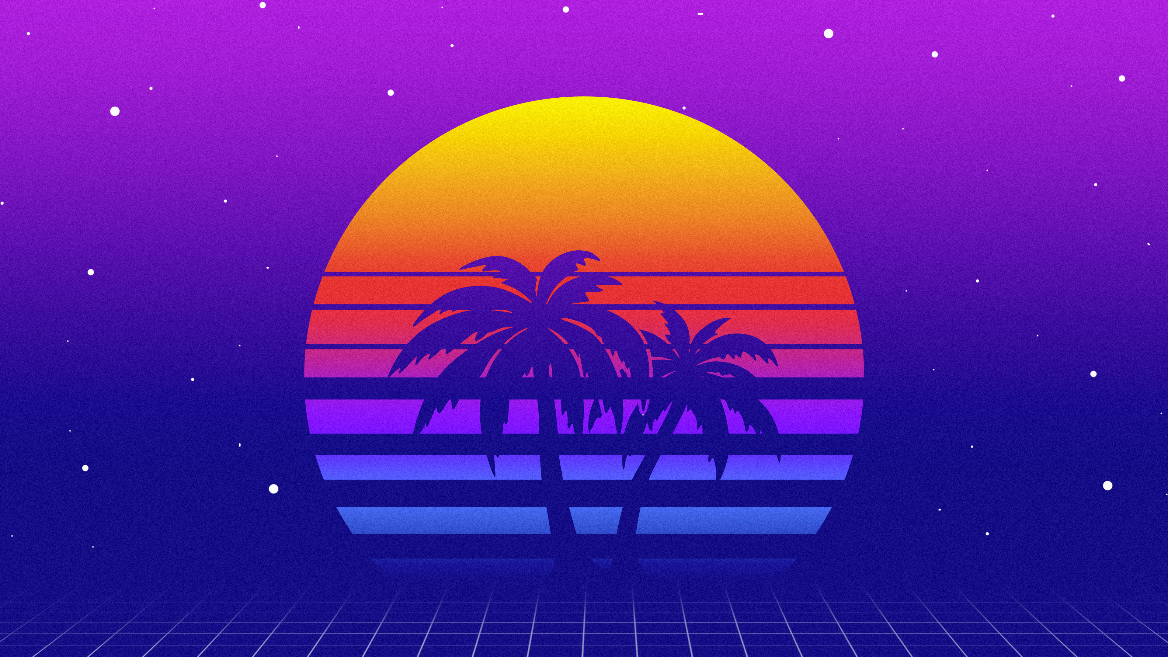 Synthwave Sunset with Palm Trees and Grid HD Wallpaper