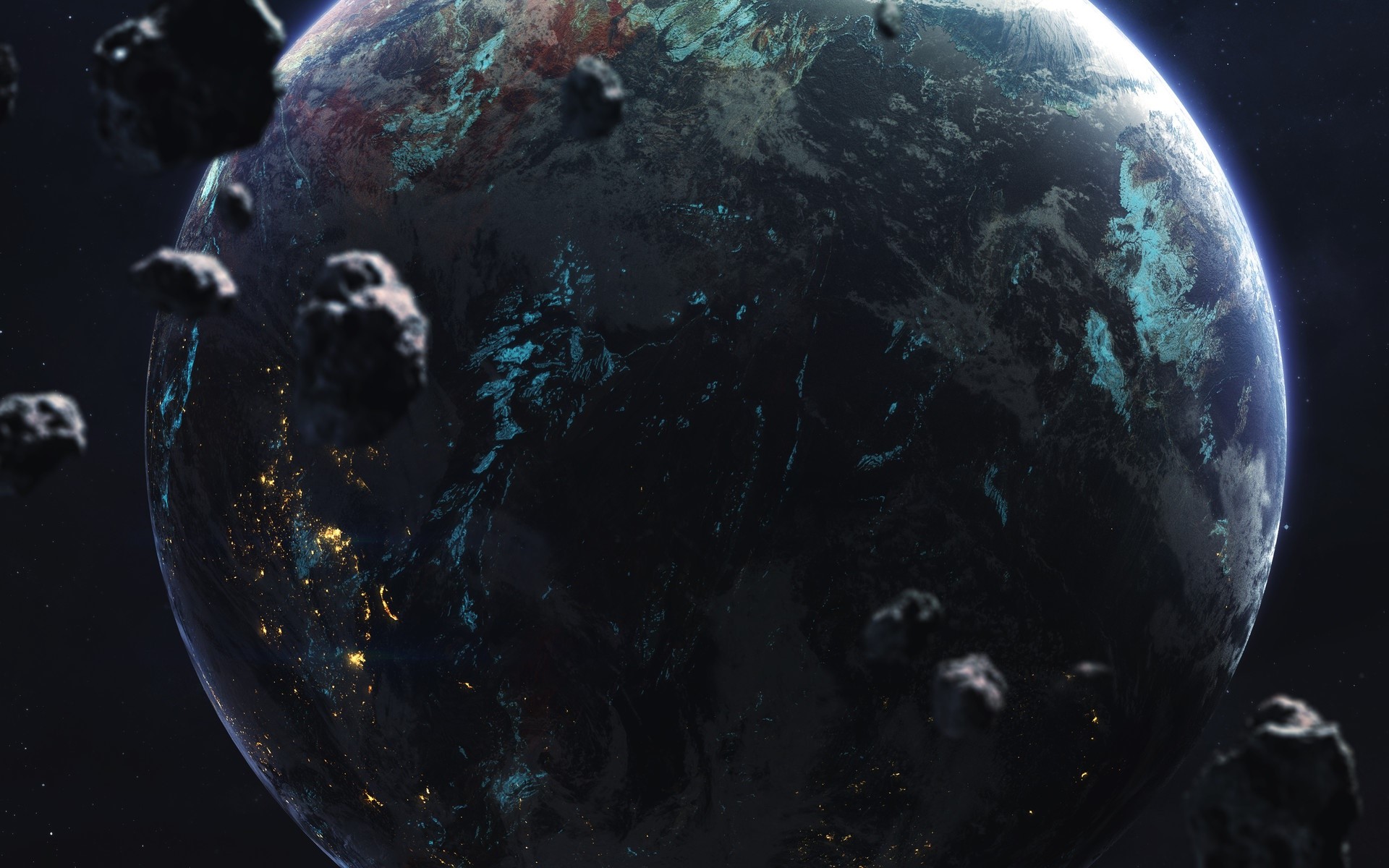 Space art of a planet with asteroids HD Wallpaper