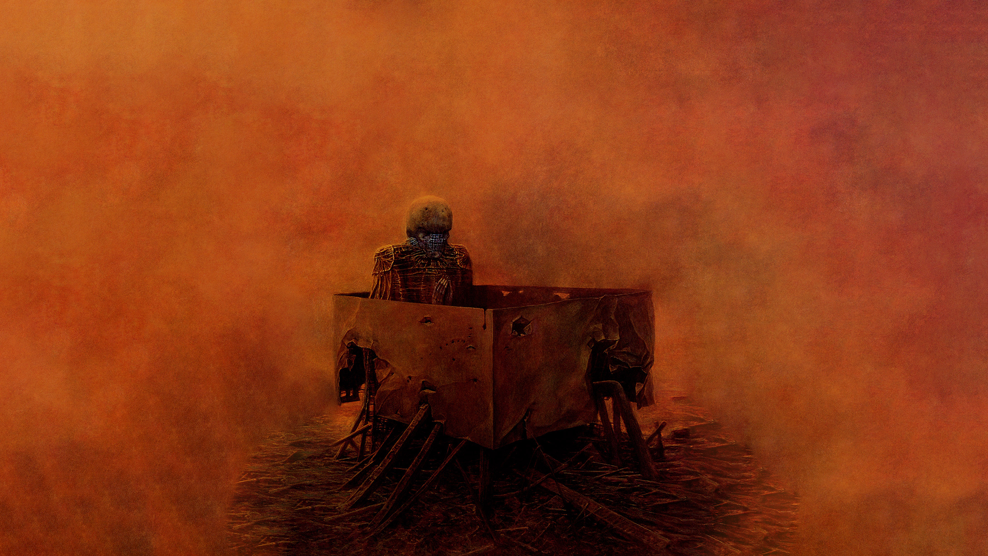 Figure in a box in a surreal landscape HD Wallpaper