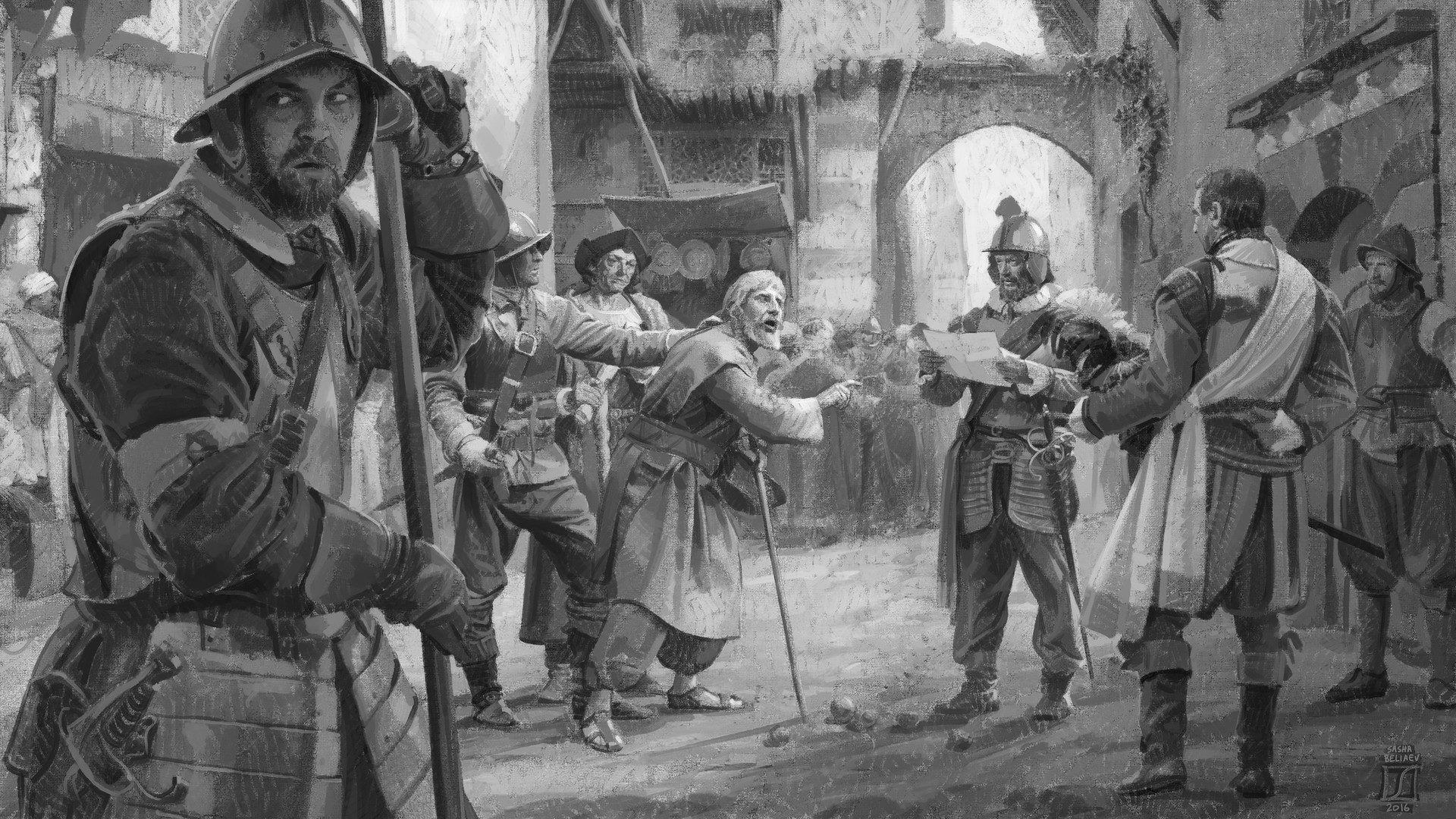Soldiers confront a man in a street, painting by Sasha Beliaev HD Wallpaper