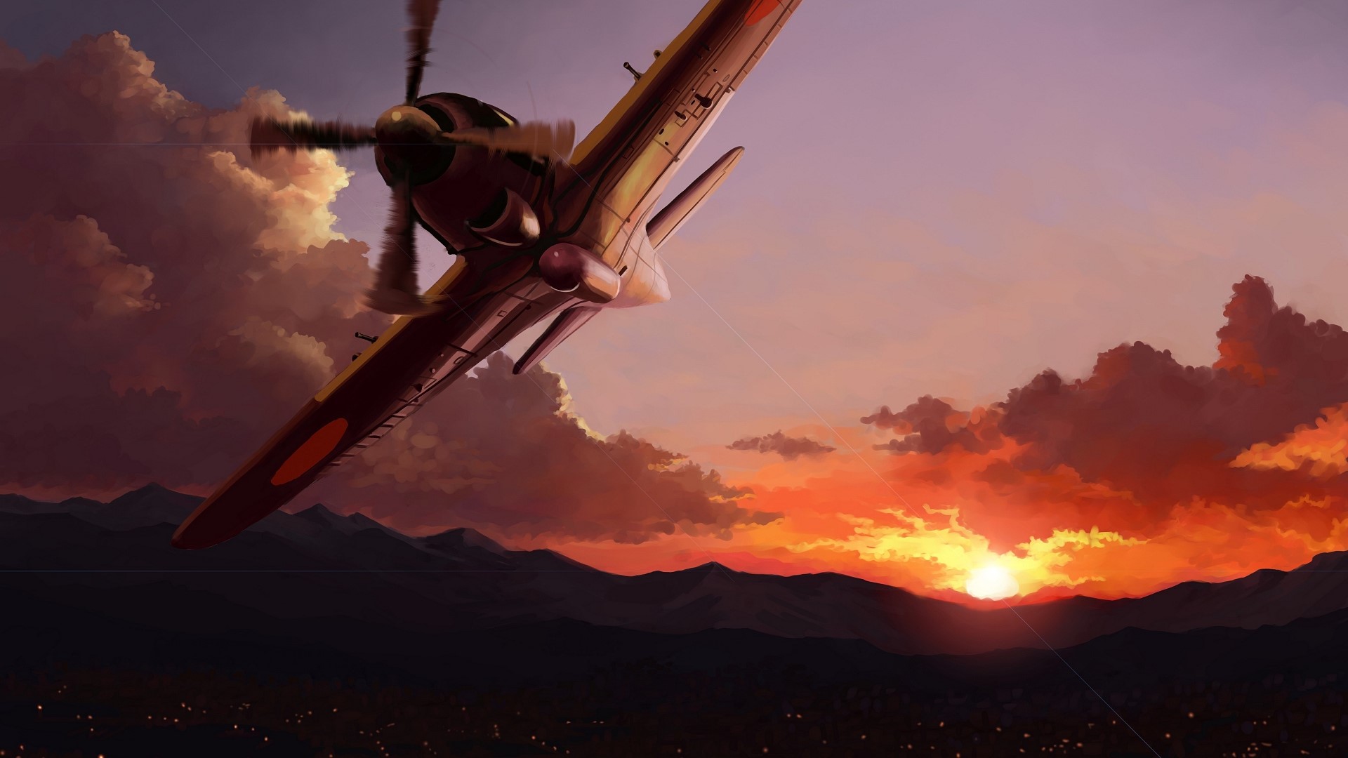 Airplane flying at sunset over mountains and city HD Wallpaper