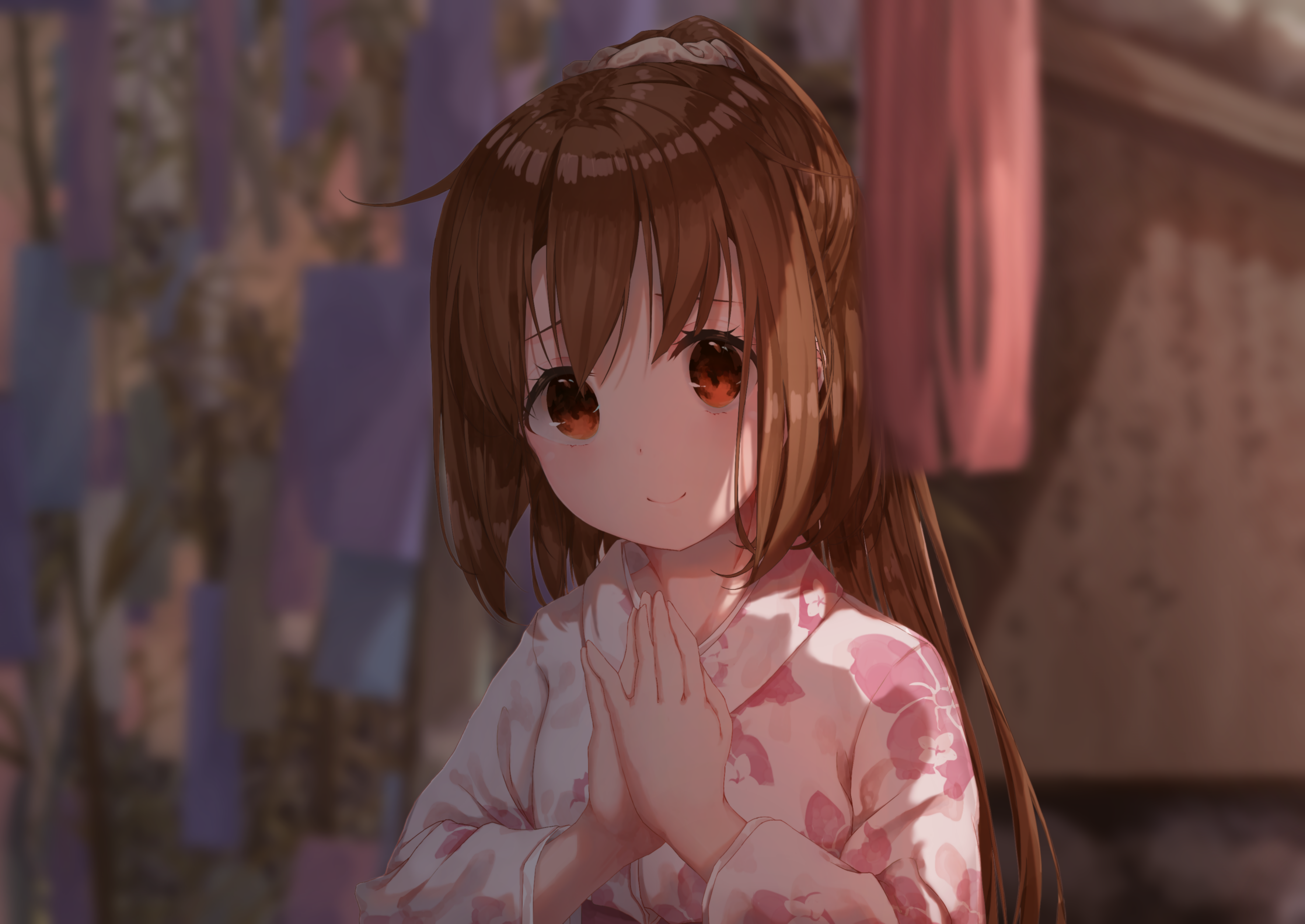 Anime girl in yukata with brown hair and eyes HD Wallpaper