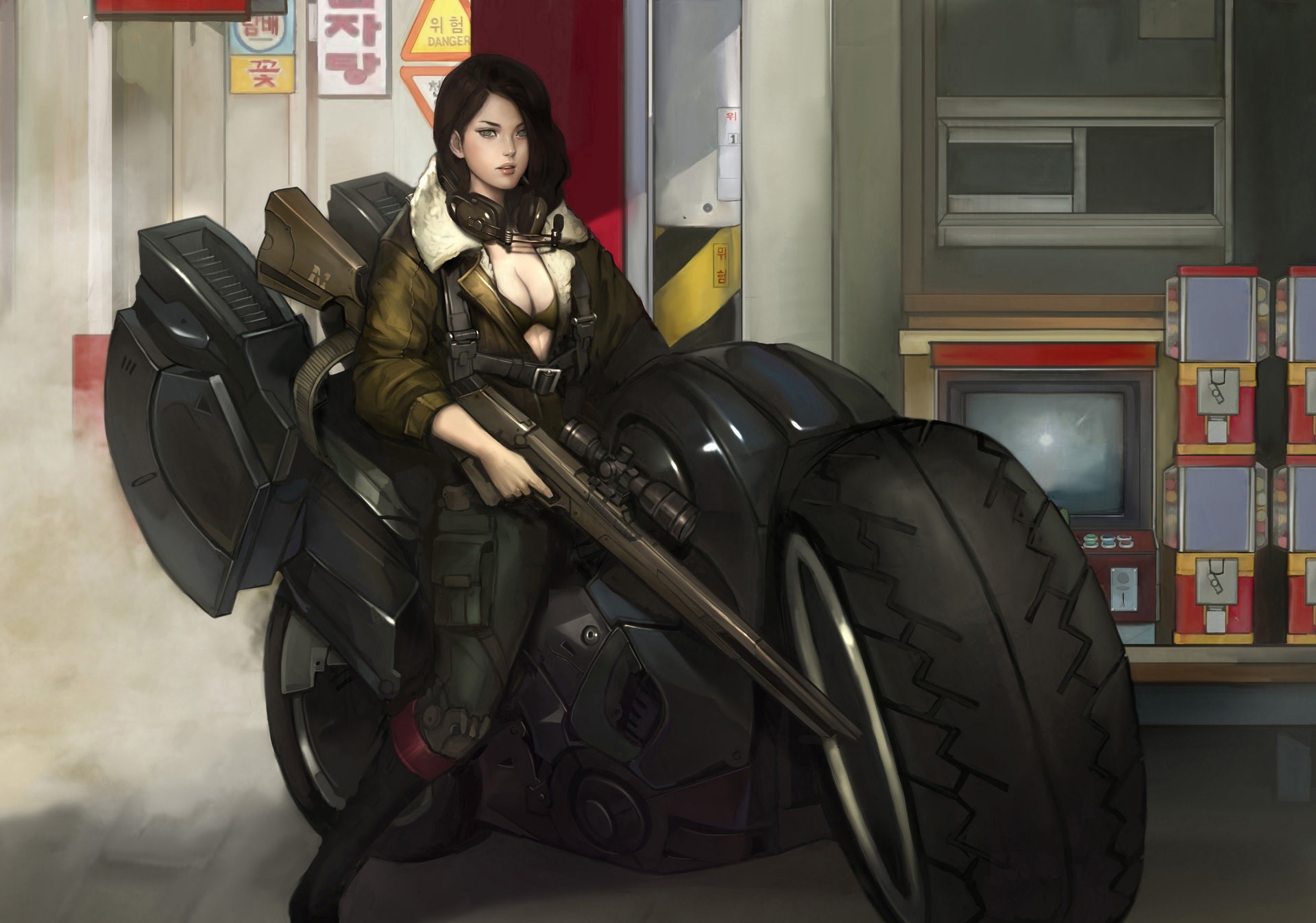 Woman with sniper rifle on a futuristic motorcycle HD Wallpaper