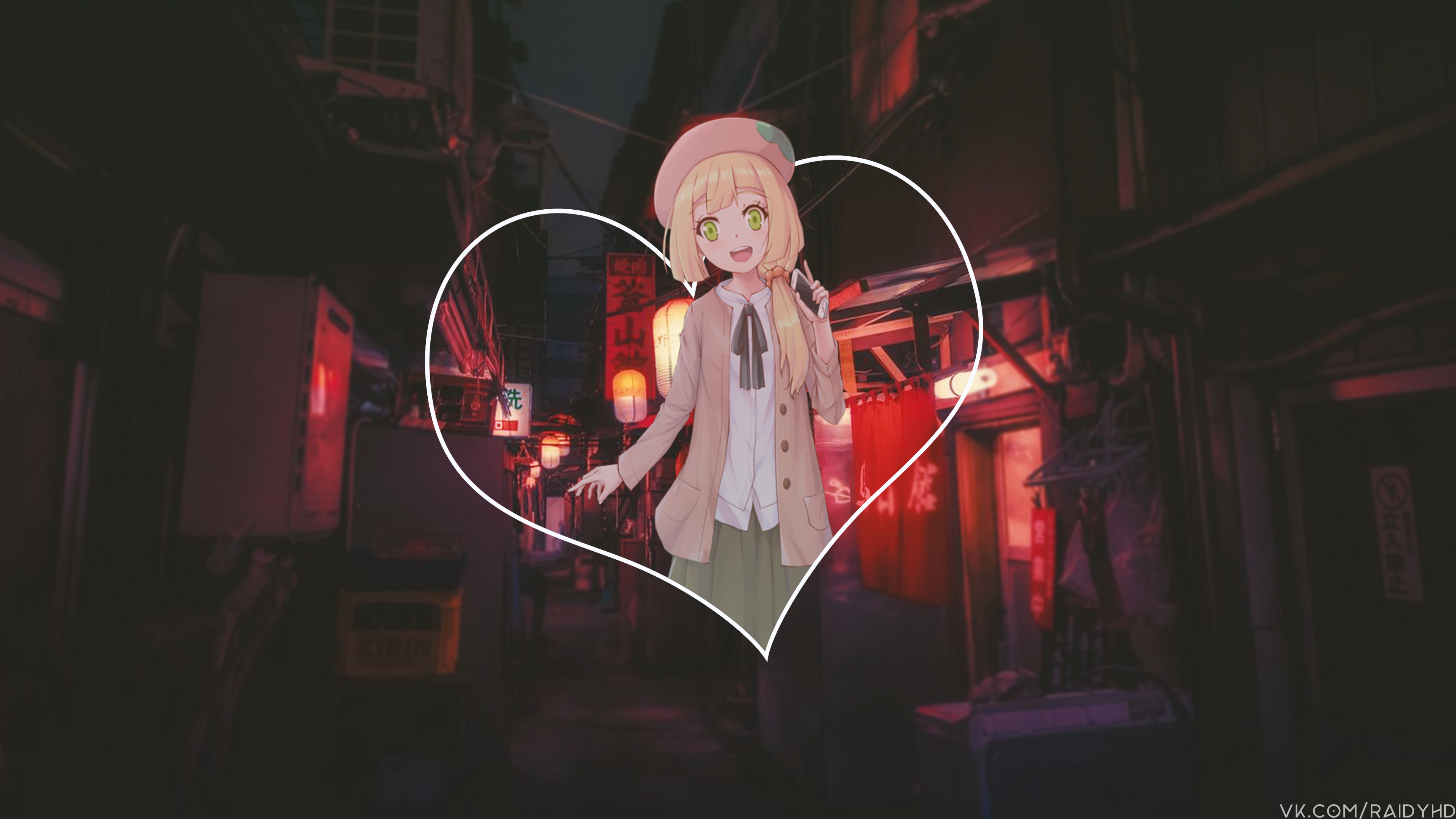 Anime girl in a heart frame on a Japanese street HD Wallpaper