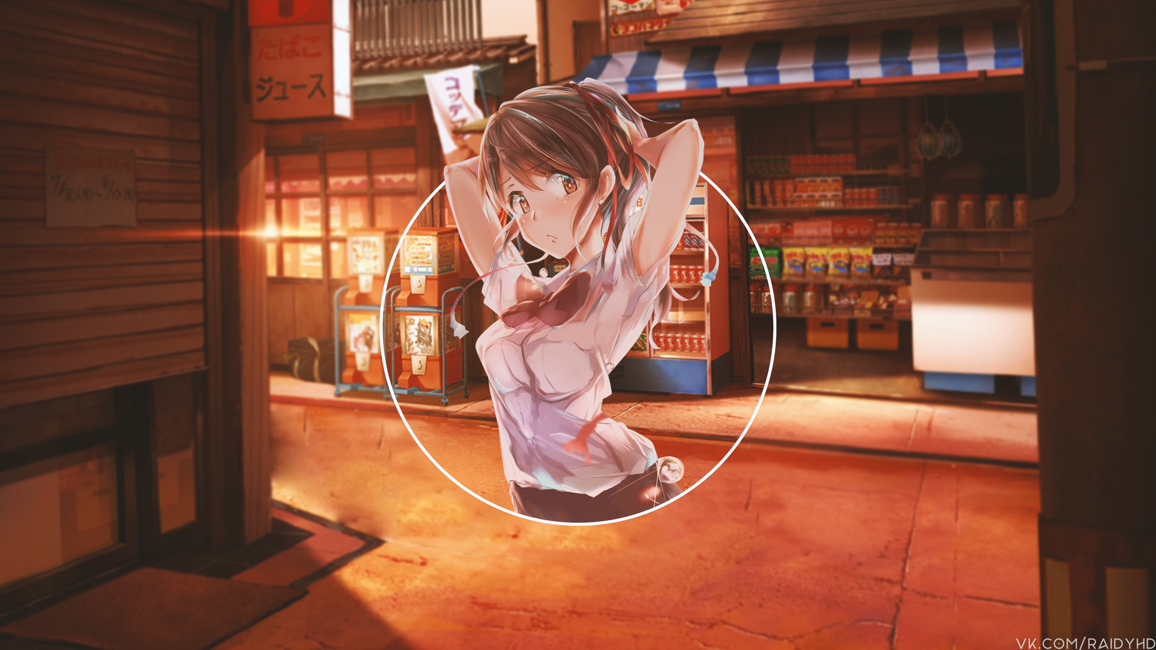 Anime girl in a white shirt in front of a store HD Wallpaper