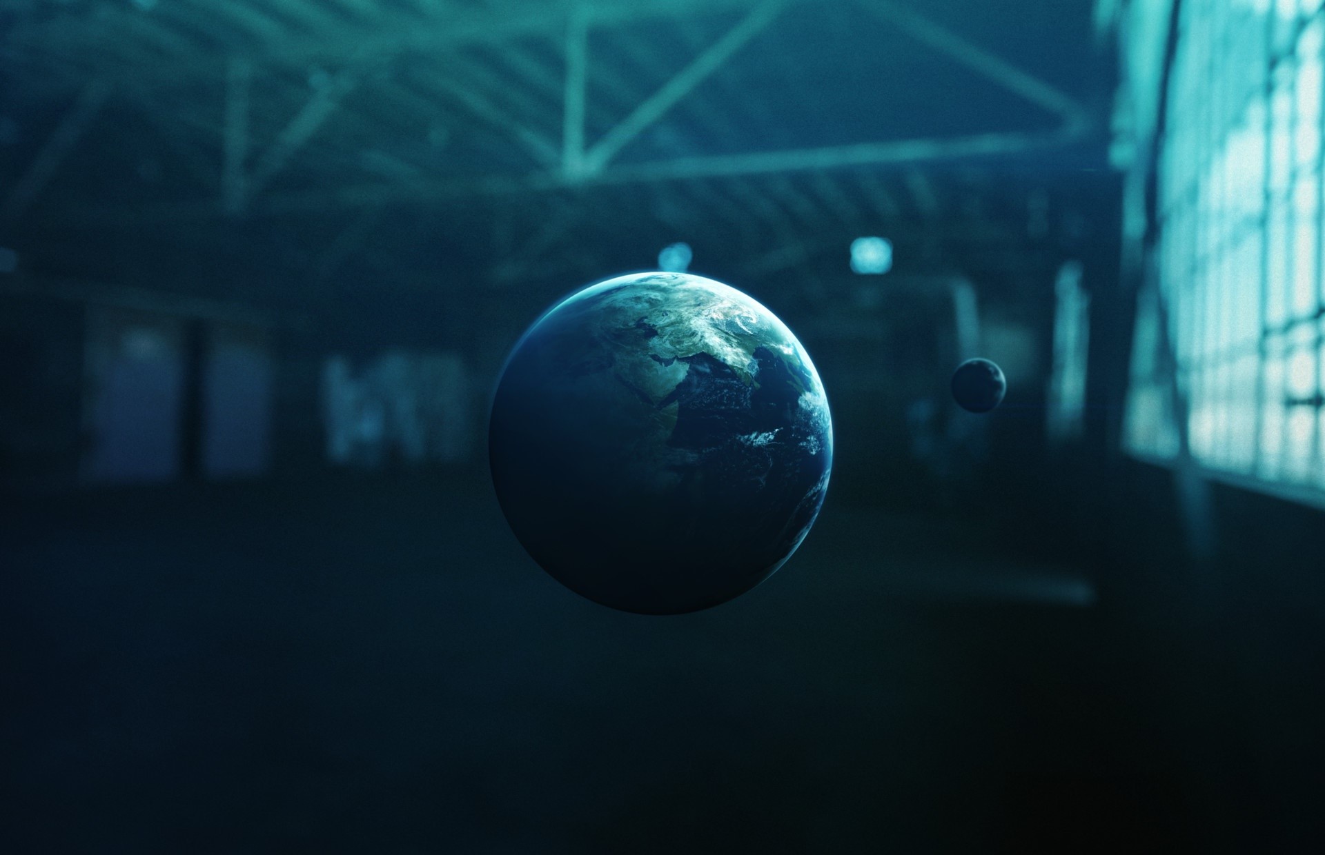 Earth and Moon in an industrial space by Vadim Sadovski HD Wallpaper