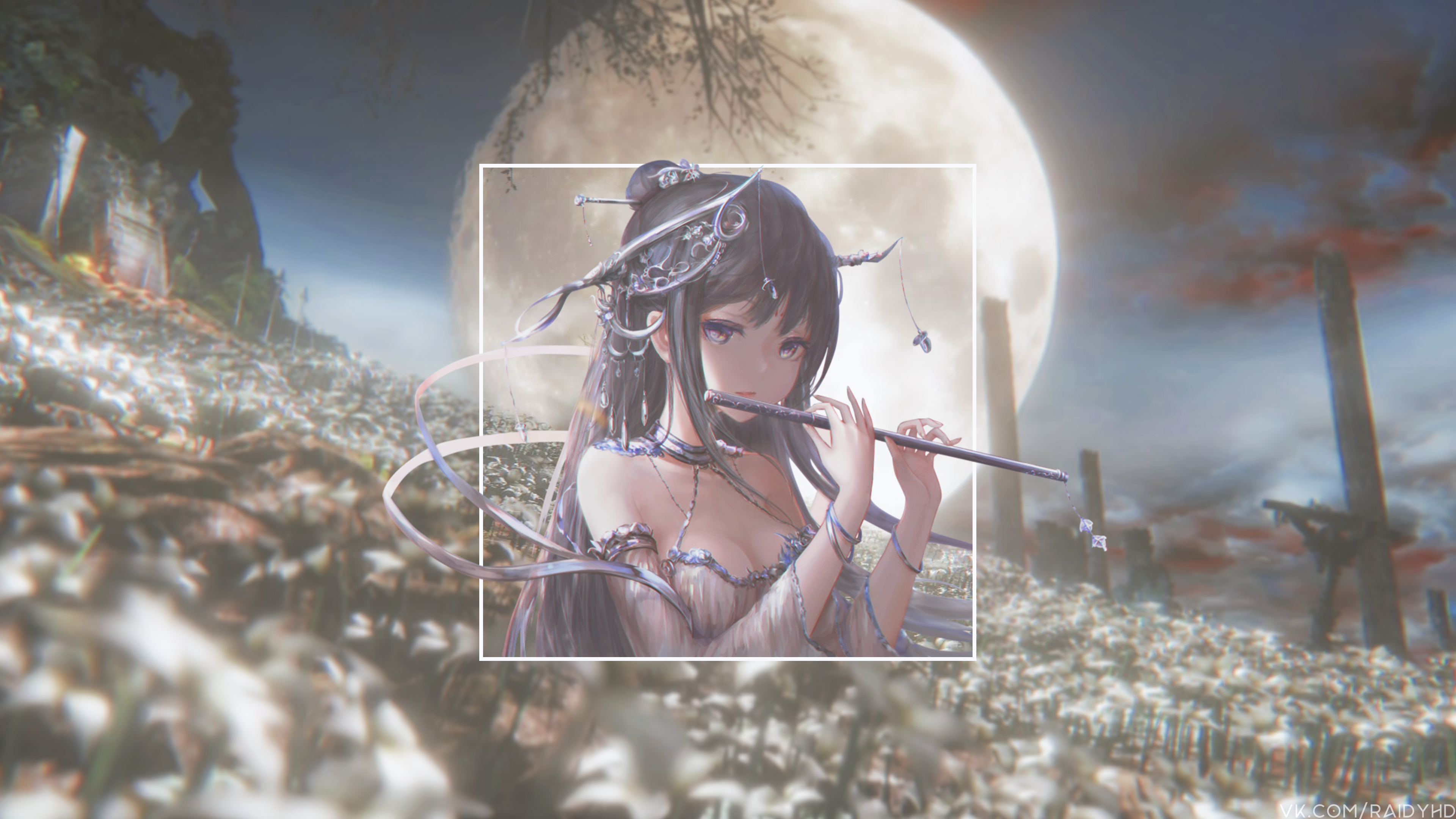 Anime girl with long dark hair playing a flute HD Wallpaper