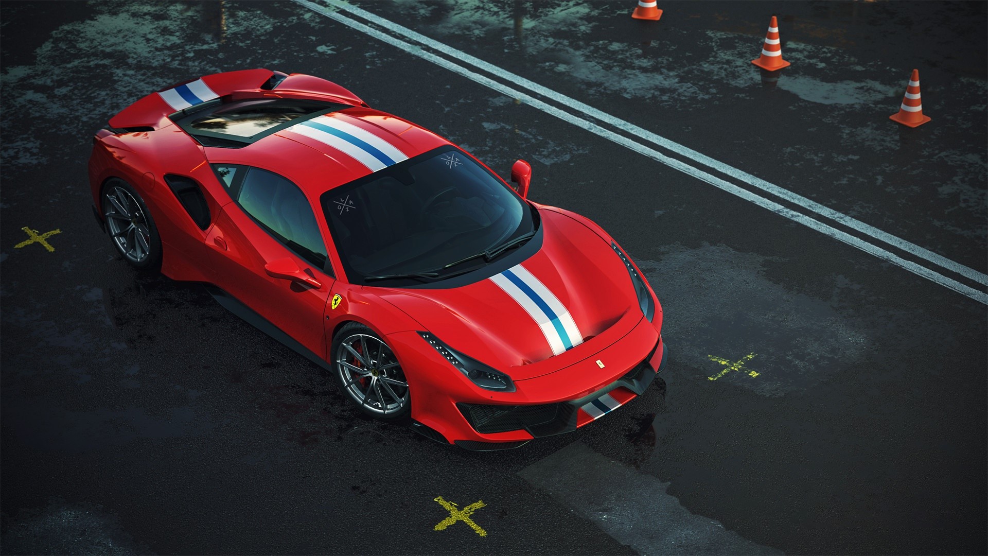 Red Ferrari 488 with racing stripes on wet asphalt HD Wallpaper
